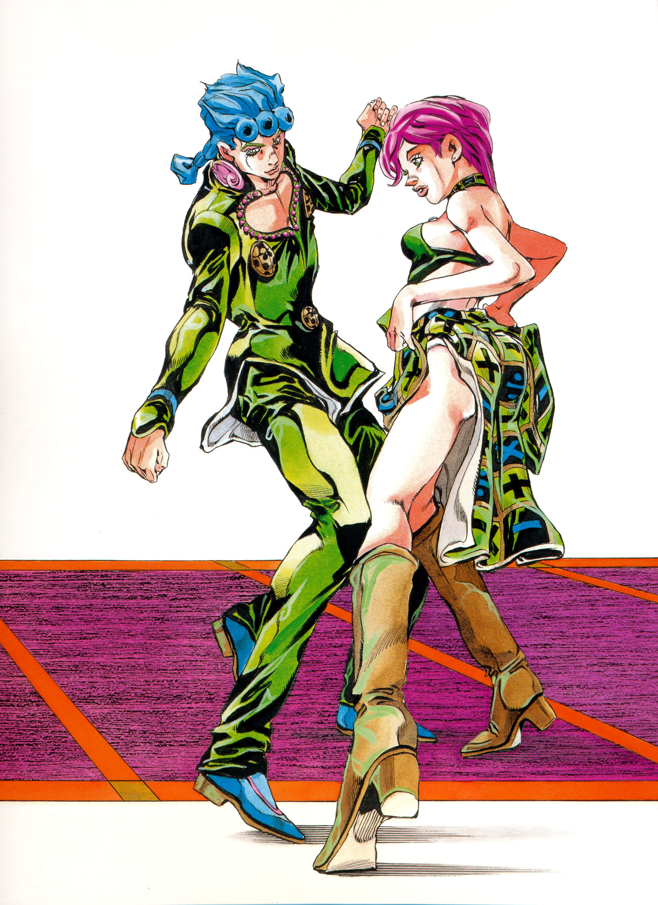 Vento Aureo 桌布 壁紙 — 兩個動漫角色穿著鮮豔的綠色和粉紅色服裝，在紫色和橙色條紋地板上動感地跳舞。
