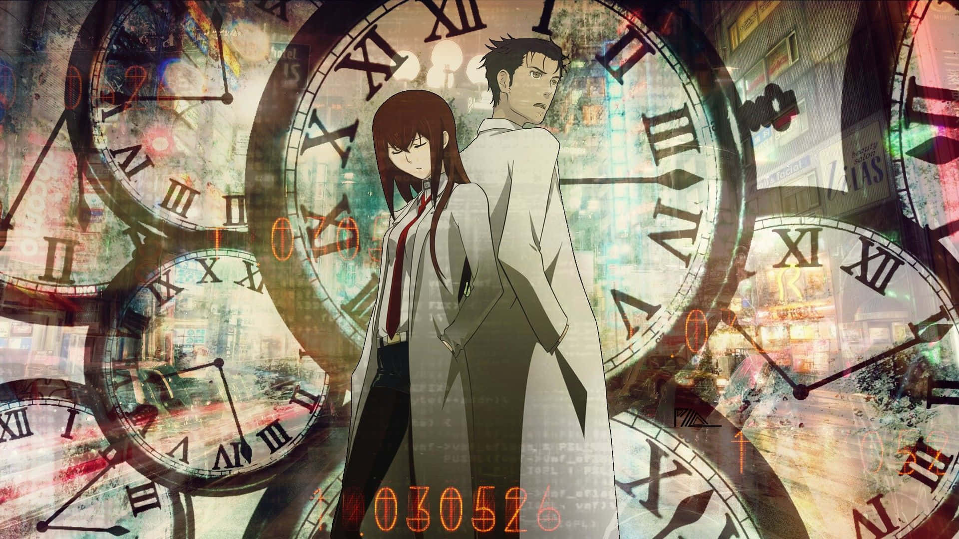 Steins Gate 桌布 壁紙 — 兩個動漫角色站在一個由重疊時鐘和故障城市景觀組成的超現實拼貼畫中。