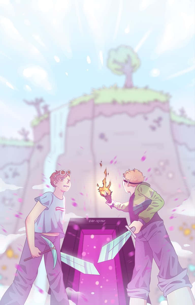 Minecraft Art 桌布 壁紙 — 兩個動漫角色站在一個發光的紫色傳送門前，背景是夢幻的粉彩風景，有飄浮的花瓣和遠處的樹。