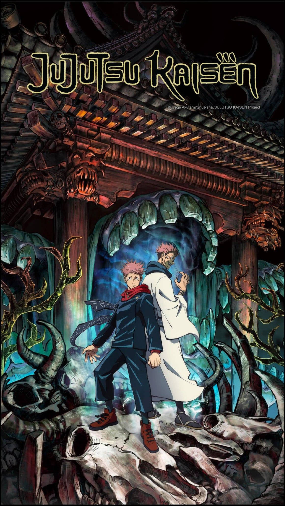 動漫角色 桌布 壁紙 — 兩個動漫角色站在一個黑暗神社中，面對一個怪物的嘴巴，周圍有發光的藍色能量和頭骨。