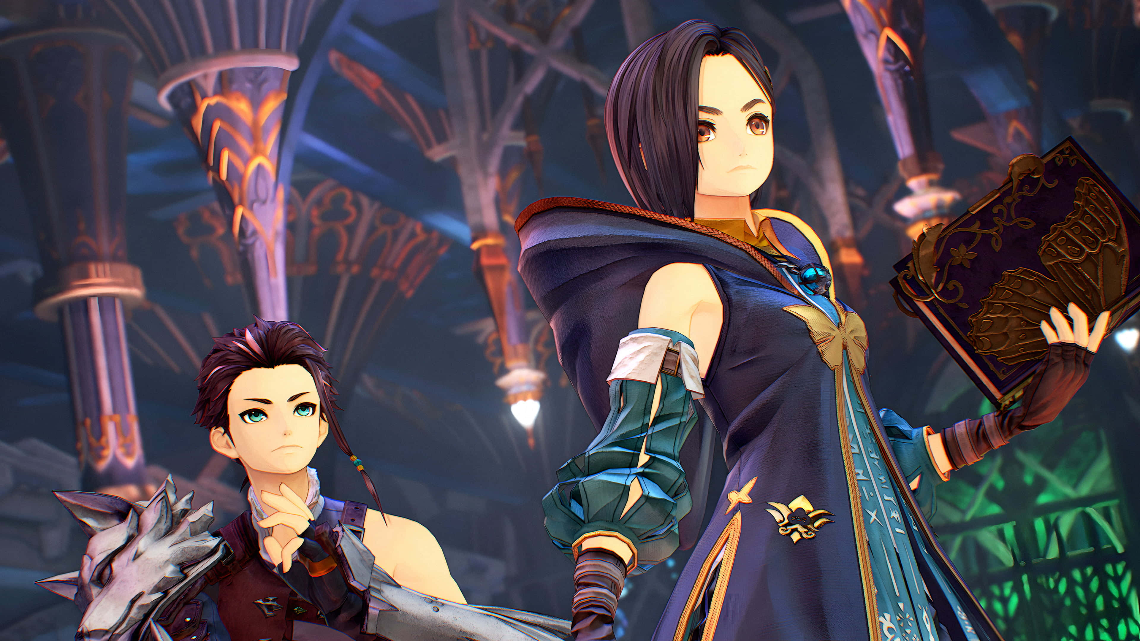 Tales Of Arise 桌布 壁紙 — 兩個動漫角色站在一座神秘的大教堂中；一個拿著發光的書，另一個則在狼同伴旁邊沉思地凝視。