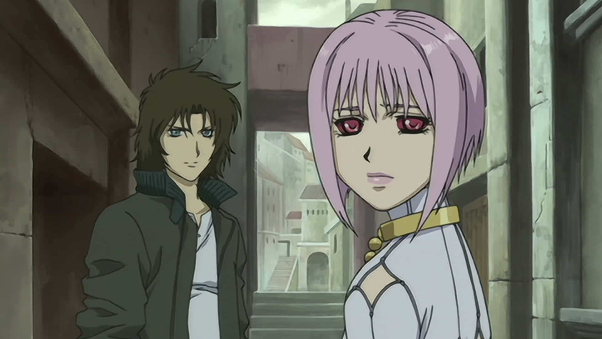 Wolf's Rain Cheza 桌布 壁紙 — 兩個動漫角色站在一條狹窄的石頭小巷中，背景可見城市景觀。