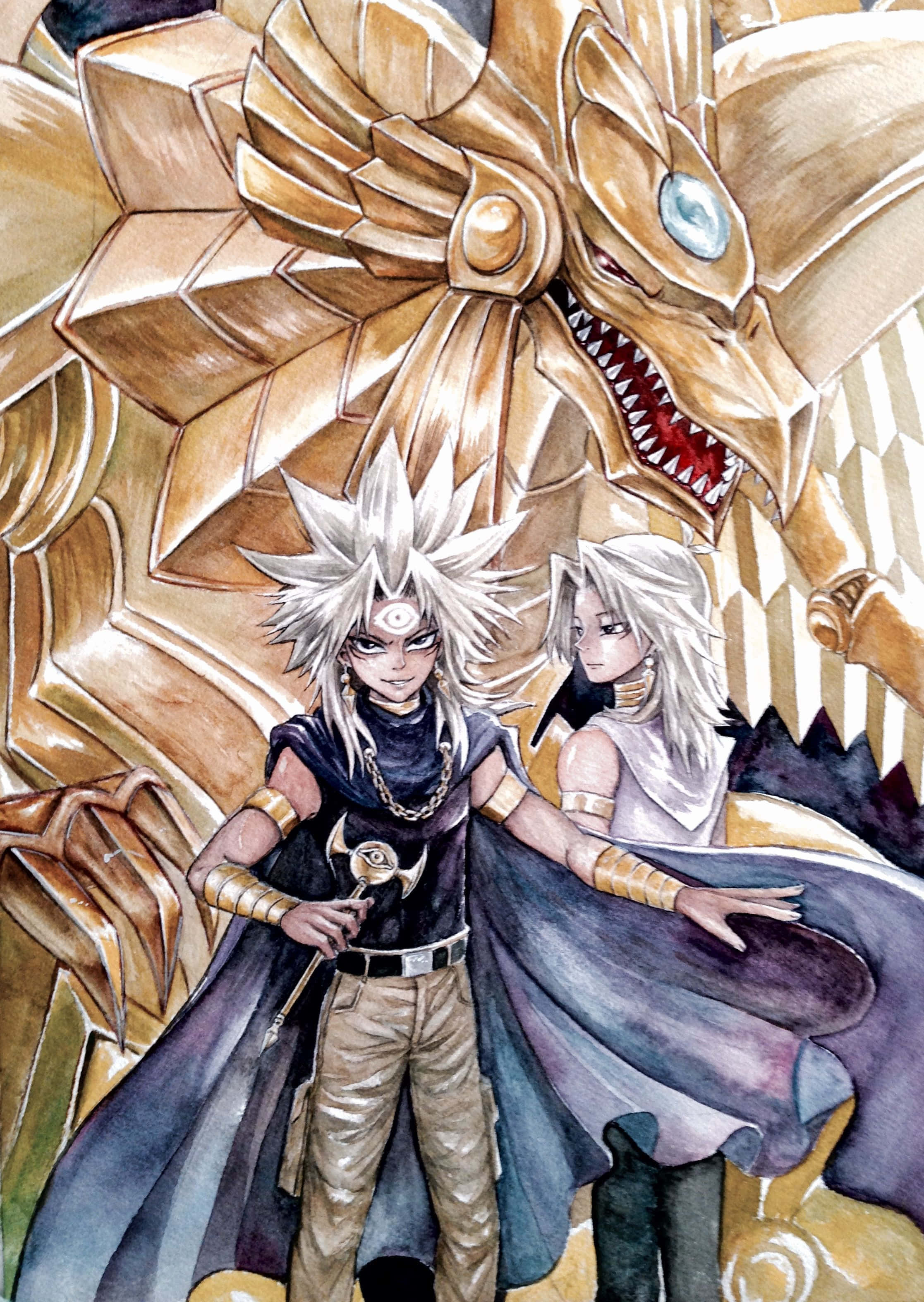 Marik Ishtar 桌布 壁紙 — 兩個動漫角色站在一隻擁有發光藍色眼睛和尖銳牙齒的巨大金色龍面前。
