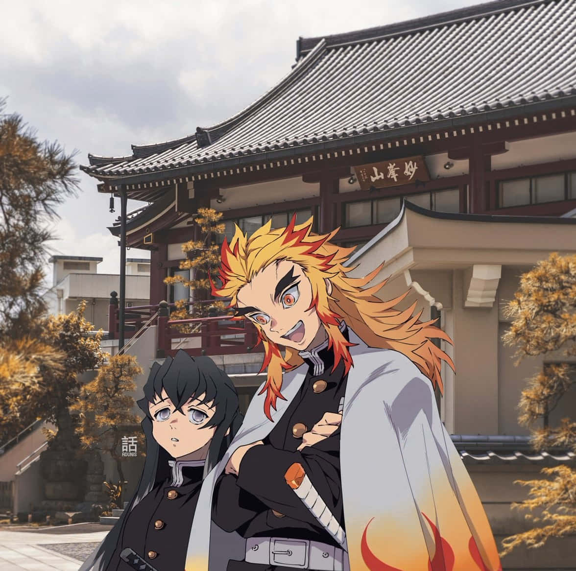 Rengoku Aesthetic 桌布 壁紙 — 兩個動漫角色站在傳統日本神社前，背景有秋樹和陰天。