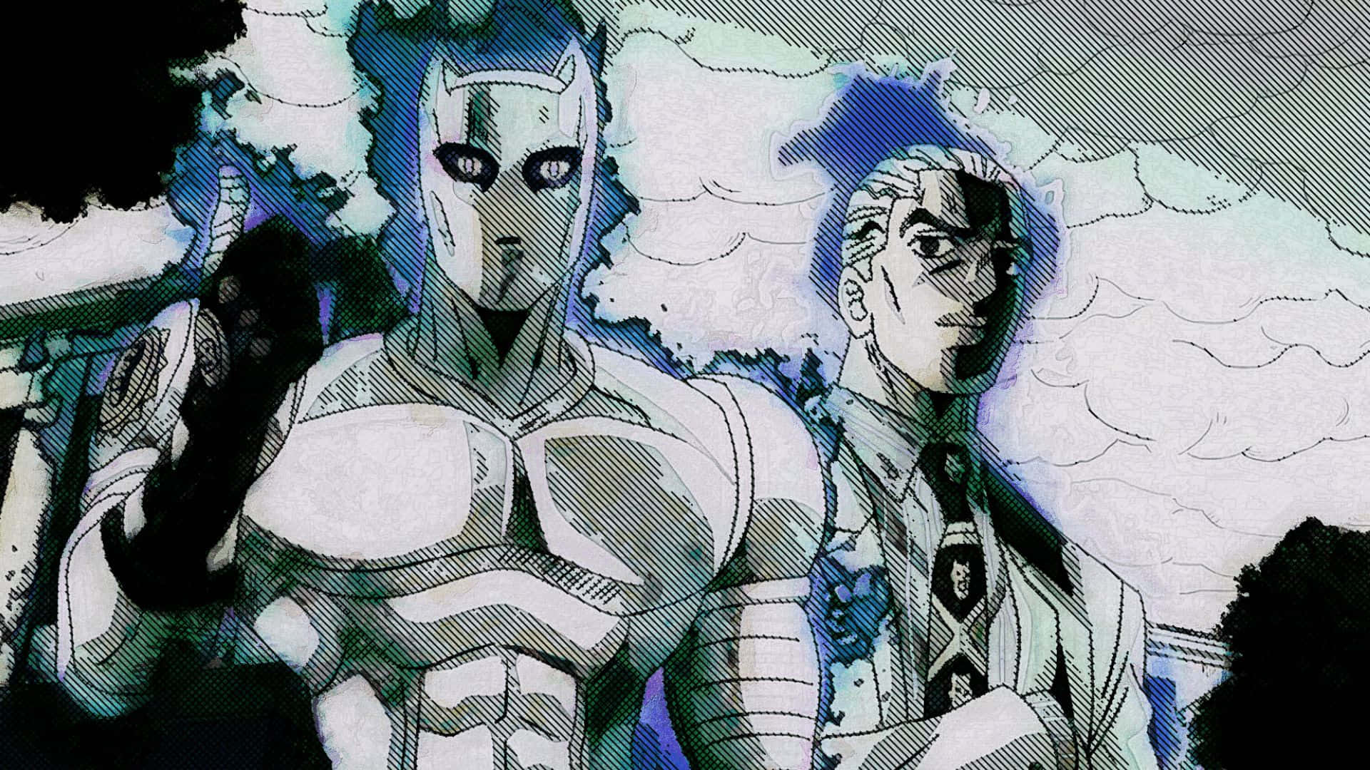 Kira Yoshikage 桌布 壁紙 — 兩個動漫角色站在多雲的天空下，一個穿著白色盔甲，另一個穿著西裝打領帶。