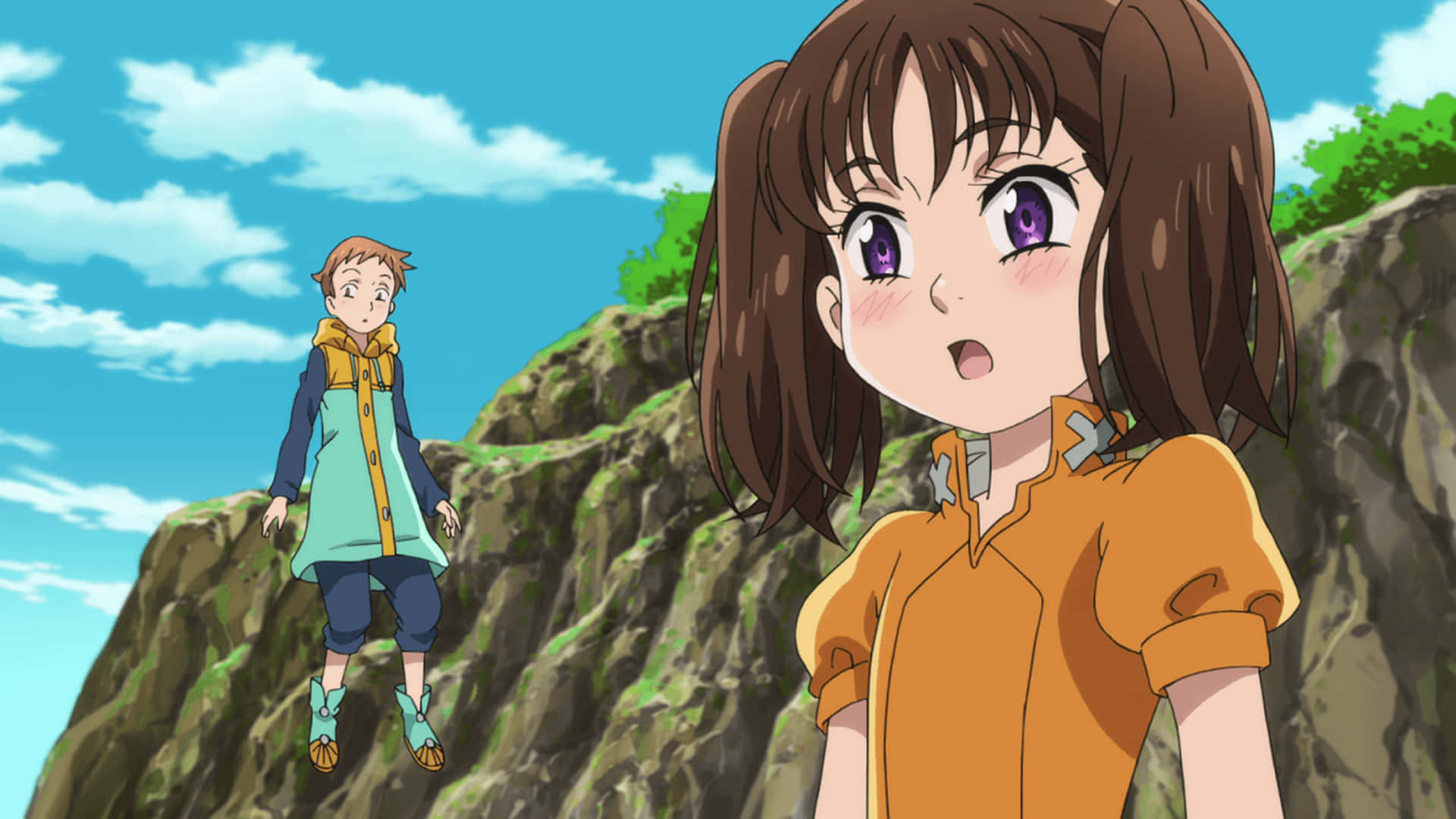 Seven Deadly Sins Diane 桌布 壁紙 — 兩個動漫角色站在岩石懸崖上，頭頂是明亮的藍天和蓬鬆的白雲。