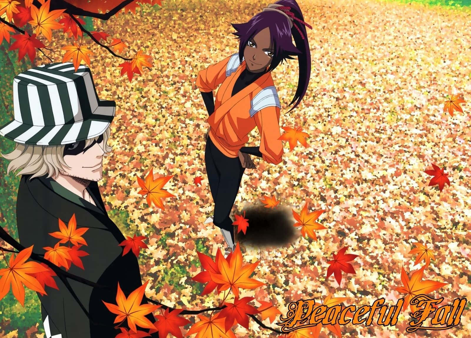 Yoruichi Shihoin 桌布 壁紙 — 兩個動漫角色站在明亮天空下，置身於色彩繽紛的落葉地毯中。