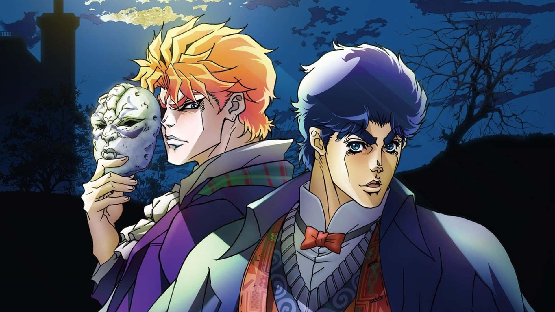 Phantom Blood 桌布 壁紙 — 兩個動漫角色站在月光下的天空，其中一個拿著骷髏面具，背景是黑暗的樹木。