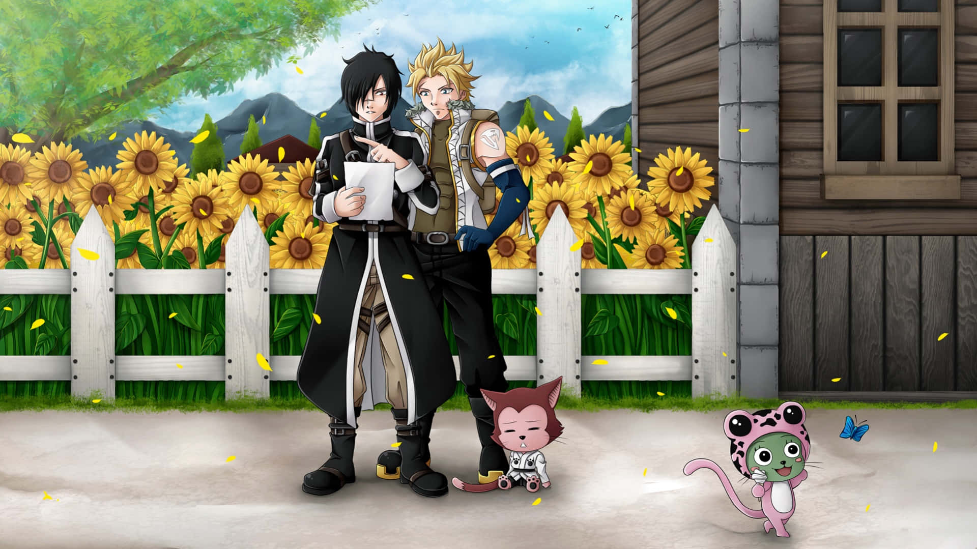 Frosch 桌布 壁紙 — 兩個動漫角色站在木屋旁邊的向日葵田前，有頑皮的動物同伴。