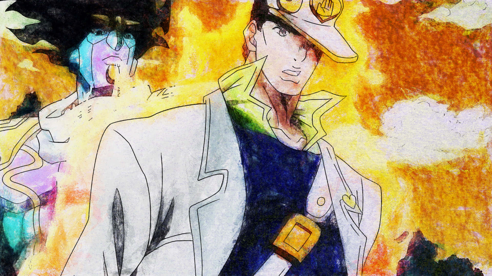 Jotaro Kujo 桌布 壁紙 — 兩個動漫角色站在火紅的橙色和黃色天空前，帶有戲劇性的水彩筆觸。