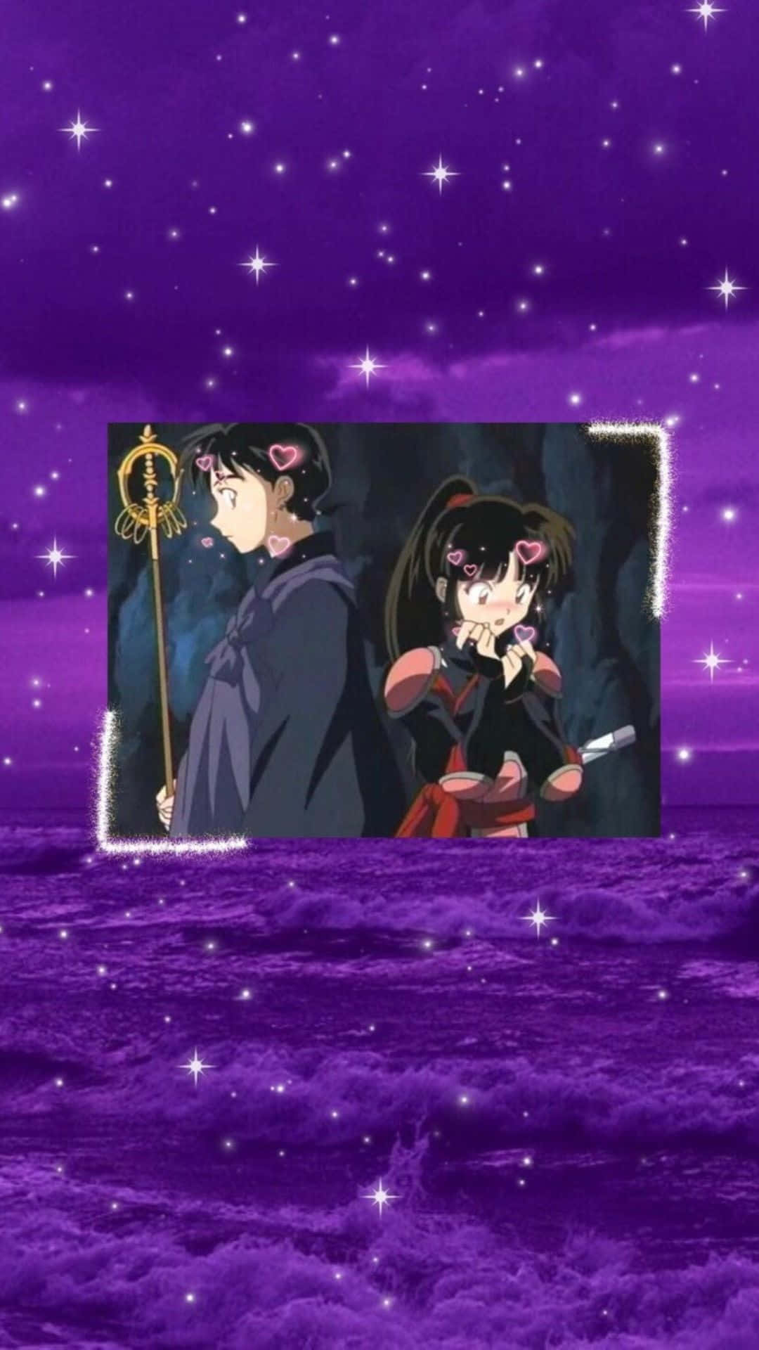 Miroku 桌布 壁紙 — 兩個動漫角色站在發光的紫色星空下，下方有閃爍的波浪。