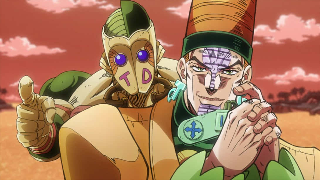 Jojo's Bizarre Adventure Atum 桌布 壁紙 — 兩個動漫角色站在紅色天空下的沙漠中，一個豎起大拇指，另一個拿著設備。