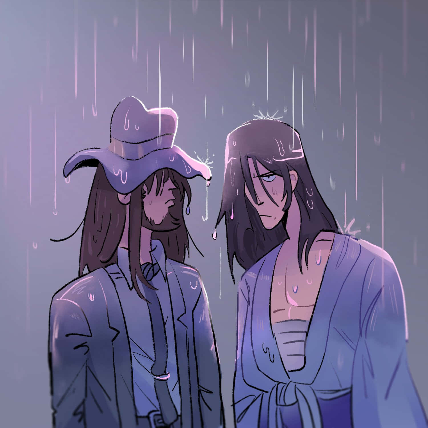 Goemon Ishikawa Xiii 桌布 壁紙 — 兩個動漫角色站在紫色雨中，一個戴帽，另一個長髮，兩人都渾身濕透，神情沮喪。
