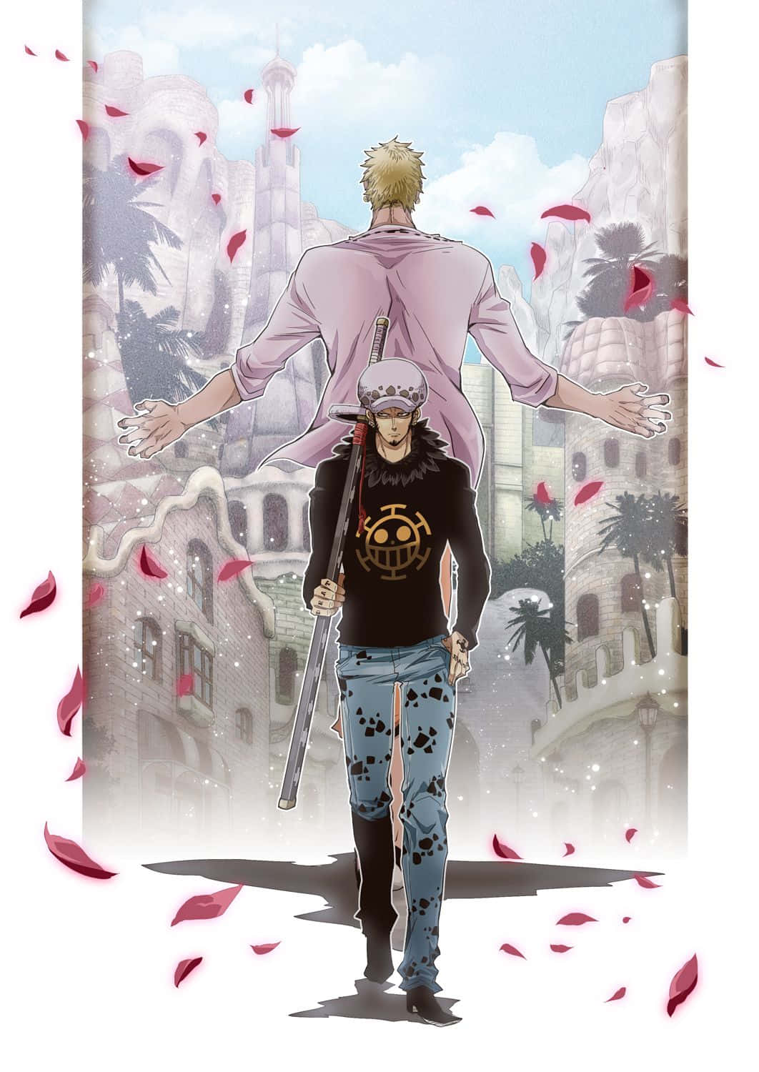 Donquixote Doflamingo 桌布 壁紙 — 兩個動漫角色站在陽光普照的城市景觀中，紅色花瓣飄落，背後是古老的石建築。