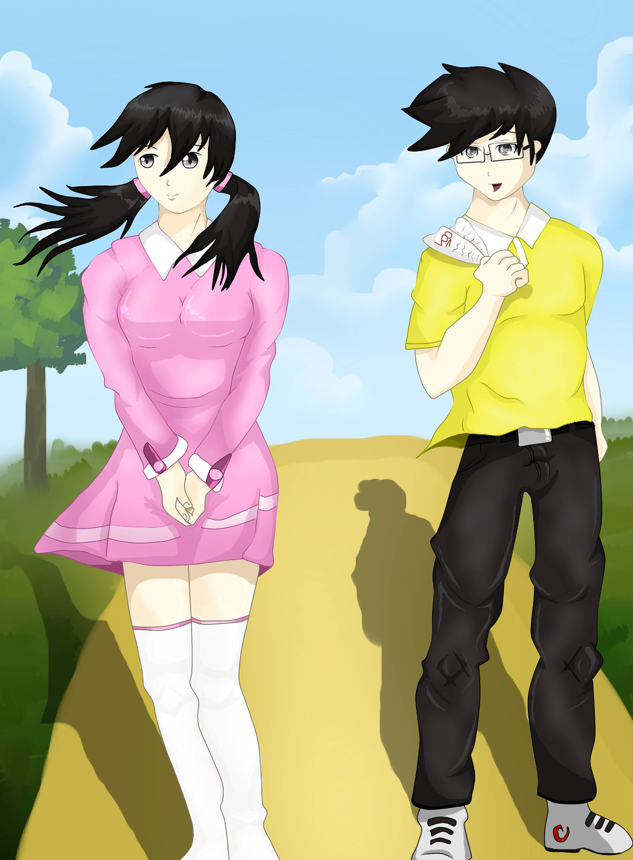 nobita shizuka love 桌布 壁紙 — 兩個動漫角色站在陽光普照的小路上，藍天白雲，一個穿粉紅色連衣裙，另一個穿黃色襯衫拿著紙。