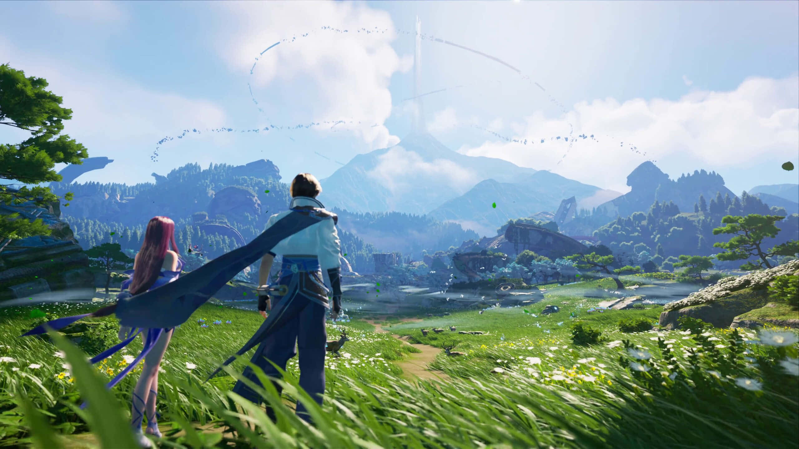 Open-world Game 桌布 壁紙 — 兩個動漫角色站在陽光照耀的草地上，凝視著遠處的山脈，山脈上方有浮島和旋轉的雲層。