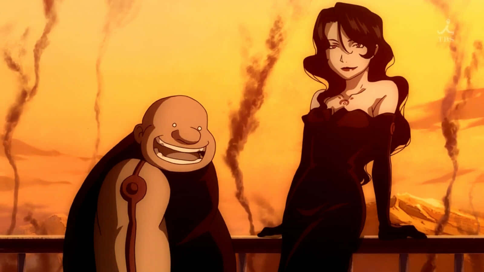 Fullmetal Alchemist Gluttony 桌布 壁紙 — 兩個動漫角色站在陽台上，背景是火紅的橙色日落，身後有煙霧升起。
