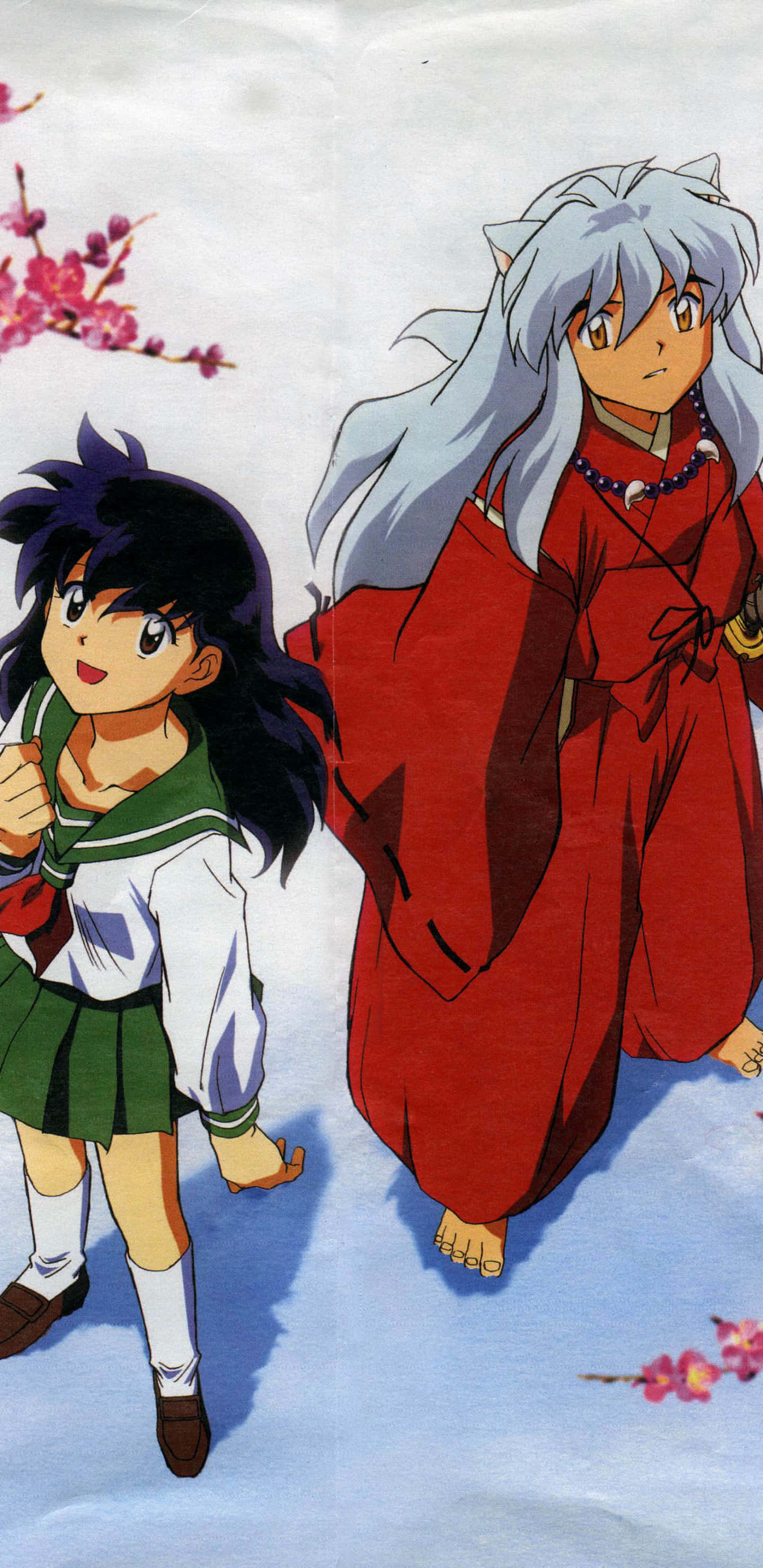 Kagome Higurashi 桌布 壁紙 — 兩個動漫角色站在雪中，粉紅櫻花下，一個穿校服，另一個穿紅色和服。