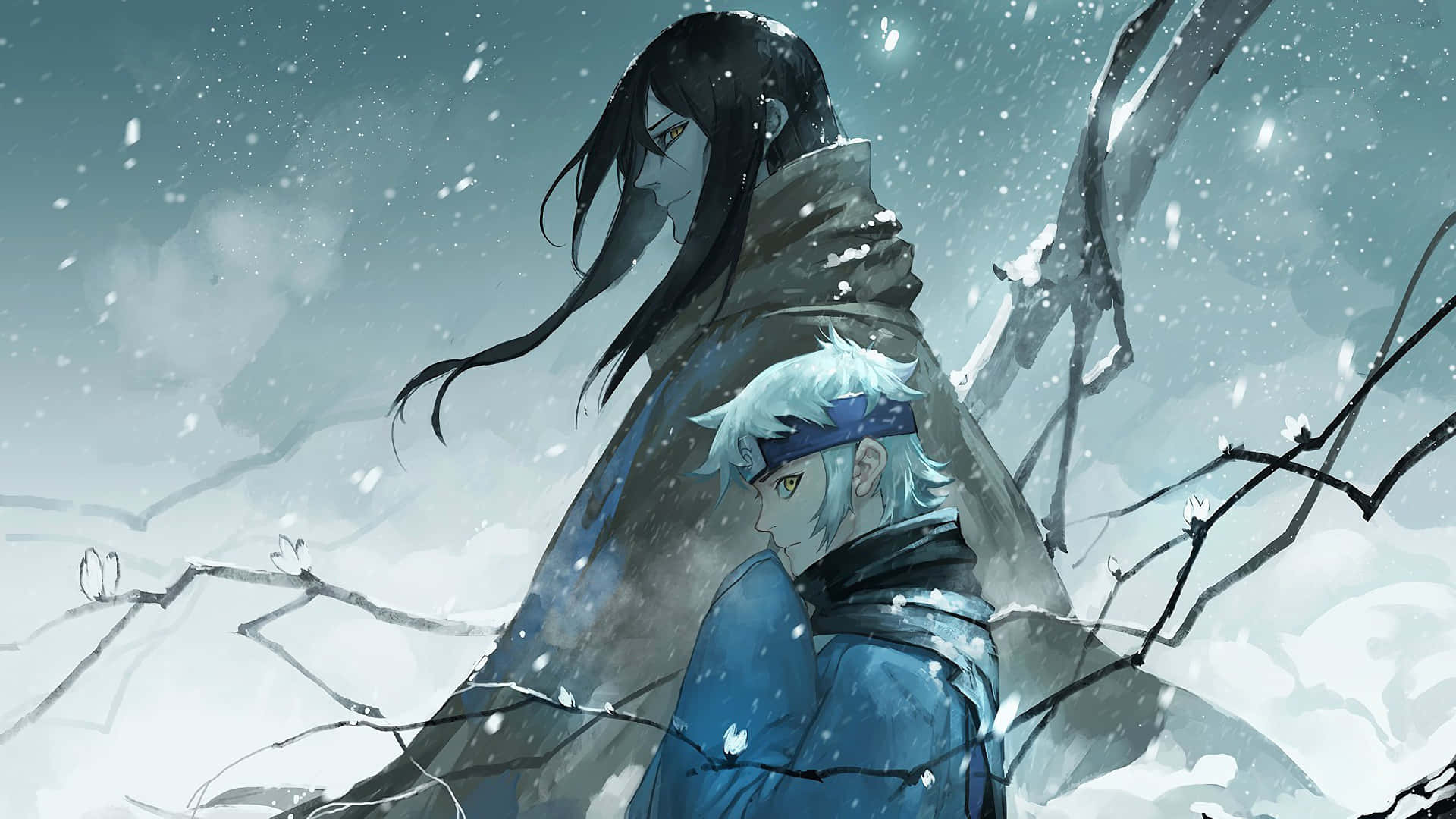 Mitsuki 桌布 壁紙 — 兩個動漫角色站在雪景中，周圍是光禿禿的樹枝和飄落的雪花，天空灰濛濛。