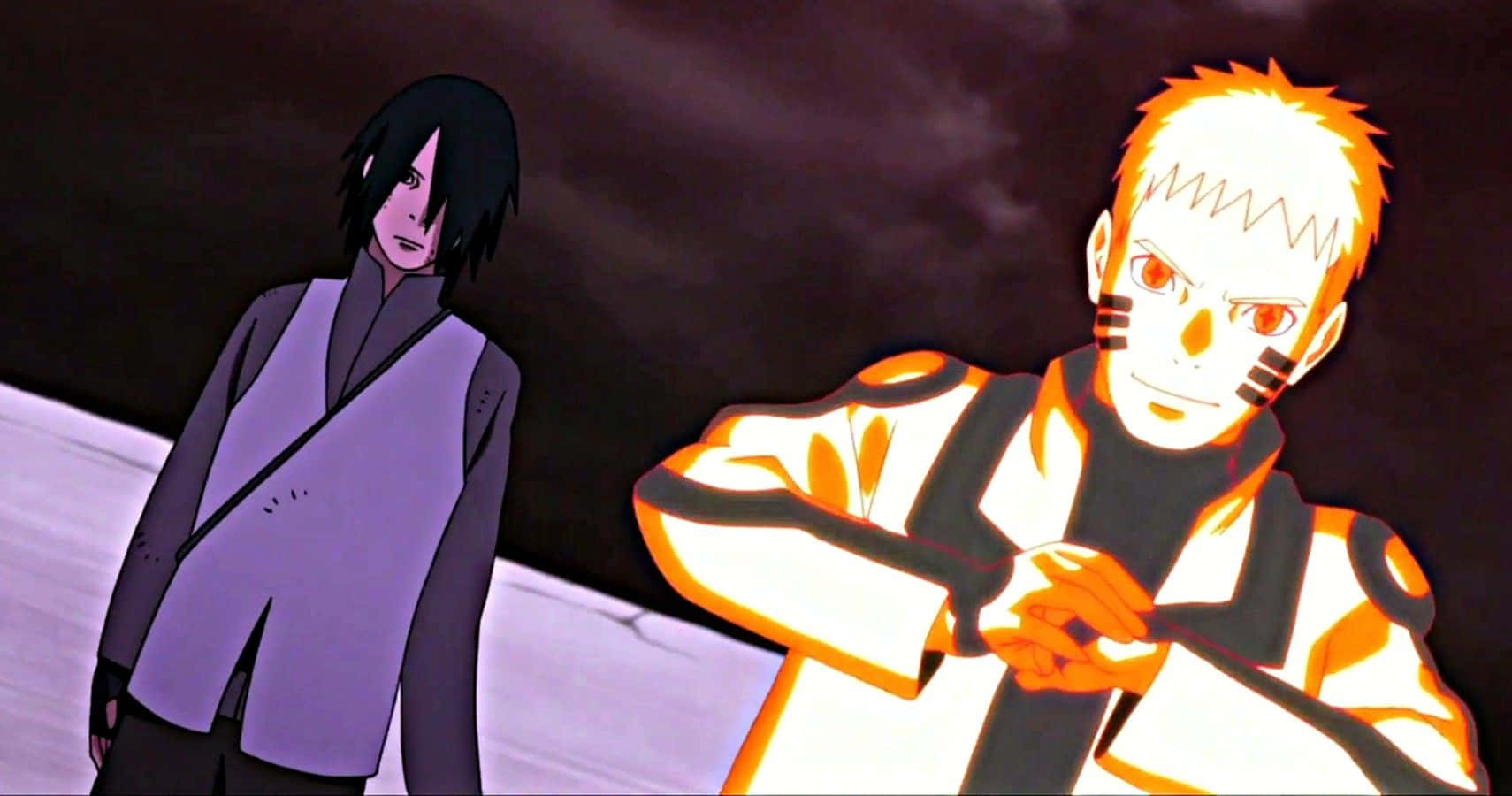 Naruto Kage 桌布 壁紙 — 兩個動漫角色站在黑暗場景中，一個發出橙色光芒，眼神銳利，另一個穿著紫色服裝，表情嚴肅。