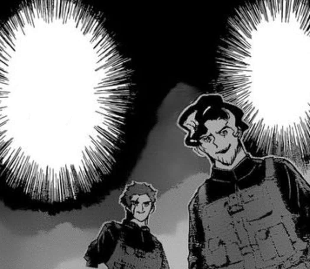 The Promised Neverland Lucas 桌布 壁紙 — 兩個動漫角色站在黑暗背景前，面對爆炸性的白色爆發，呈現高對比度的黑白效果。