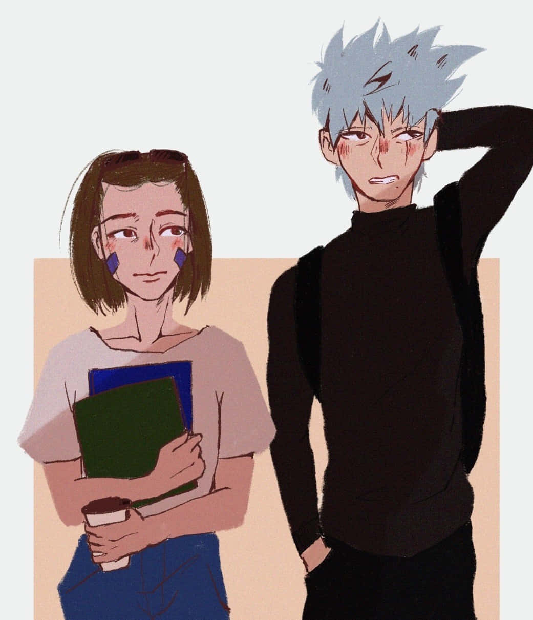 Kakashi And Rin 桌布 壁紙 — 兩個動漫角色站得很近，一個拿著書和杯子，另一個有刺蝟頭和手放在頭上。