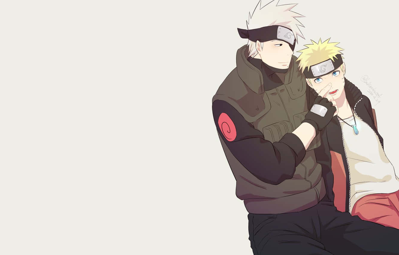 Kakashi And Naruto 桌布 壁紙 — 兩個動漫角色緊挨著坐在一起，一個有白髮和紅色漩渦標誌，另一個有尖刺金髮和藍色眼睛。