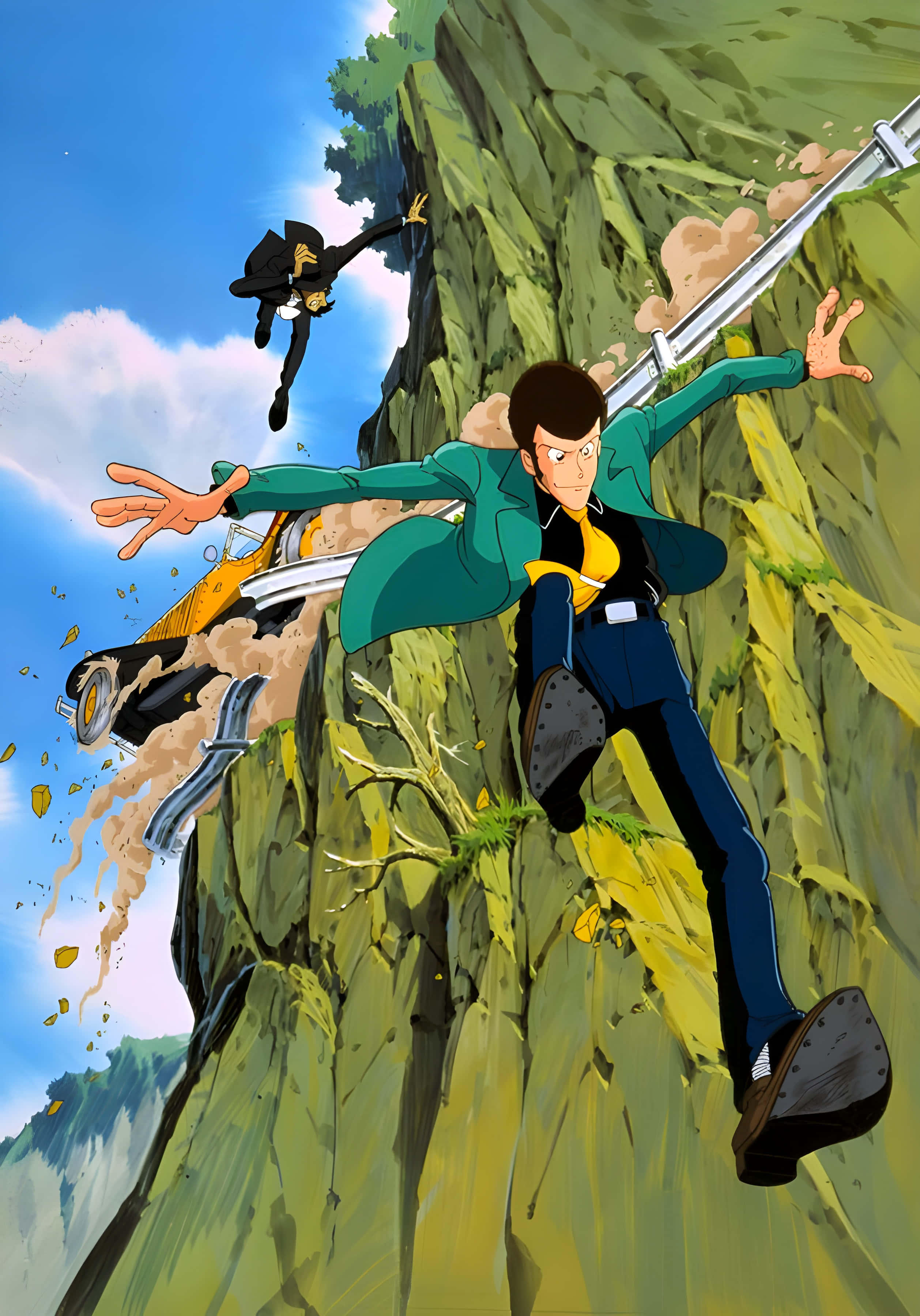 lupin iii 桌布 壁紙 — 兩個動漫角色緊貼懸崖邊，一輛黃色汽車在下方撞毀，構成動態動作場景。