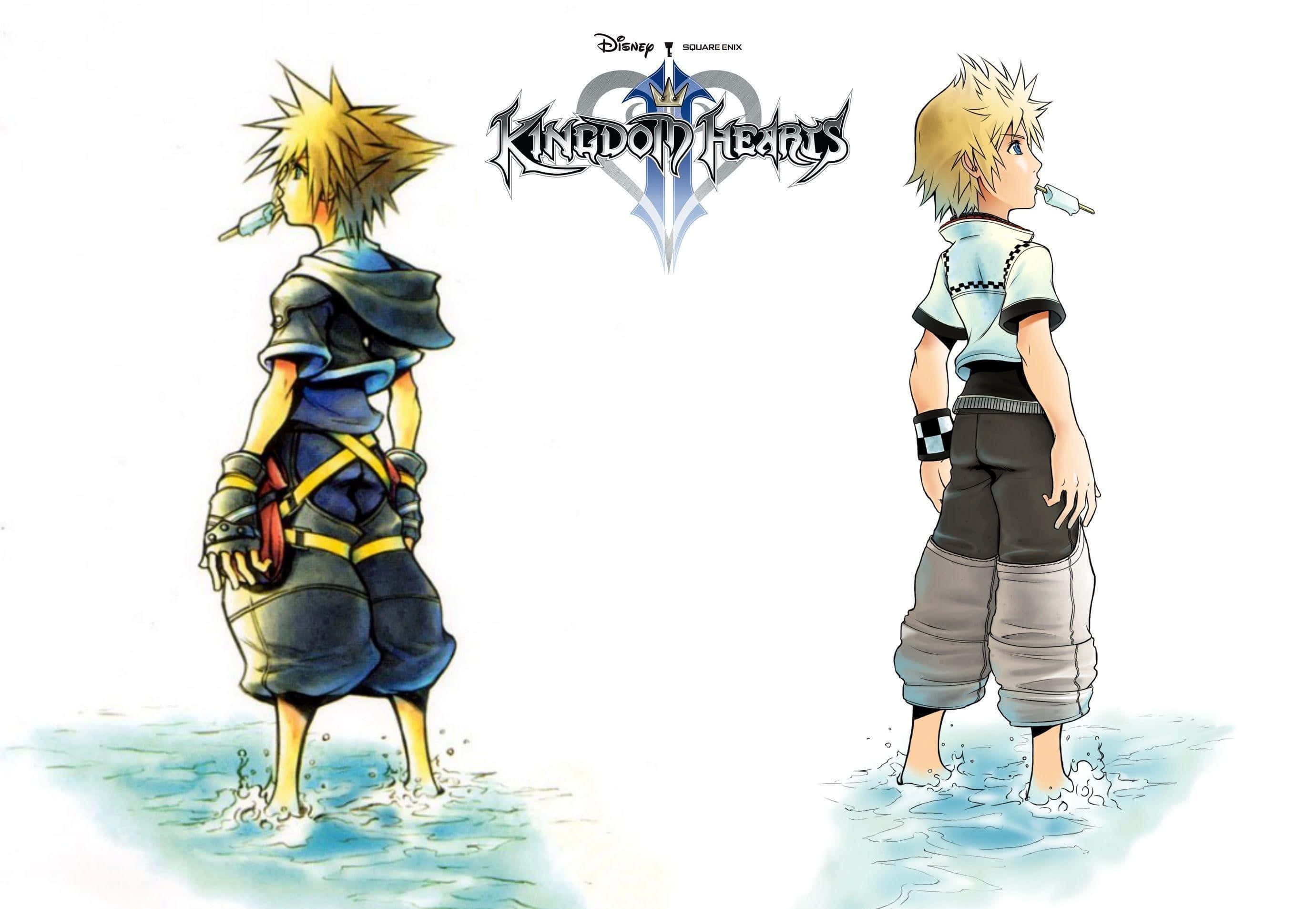 Kingdom Hearts Sora 桌布 壁紙 — 兩個動漫角色背向站在淺水中，一個穿著深色裝備，另一個穿著淺色裝備，下方有Kingdom Hearts標誌。