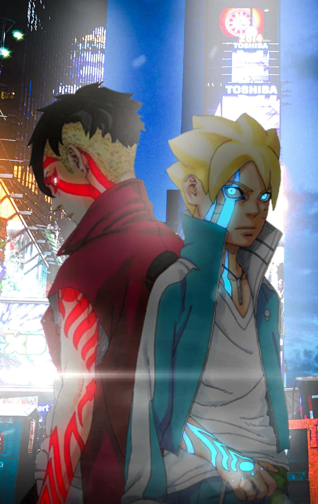 Boruto Vs Kawaki 桌布 壁紙 — 兩個動漫角色背對城市霓虹燈光站立，東芝招牌在雨中閃爍。
