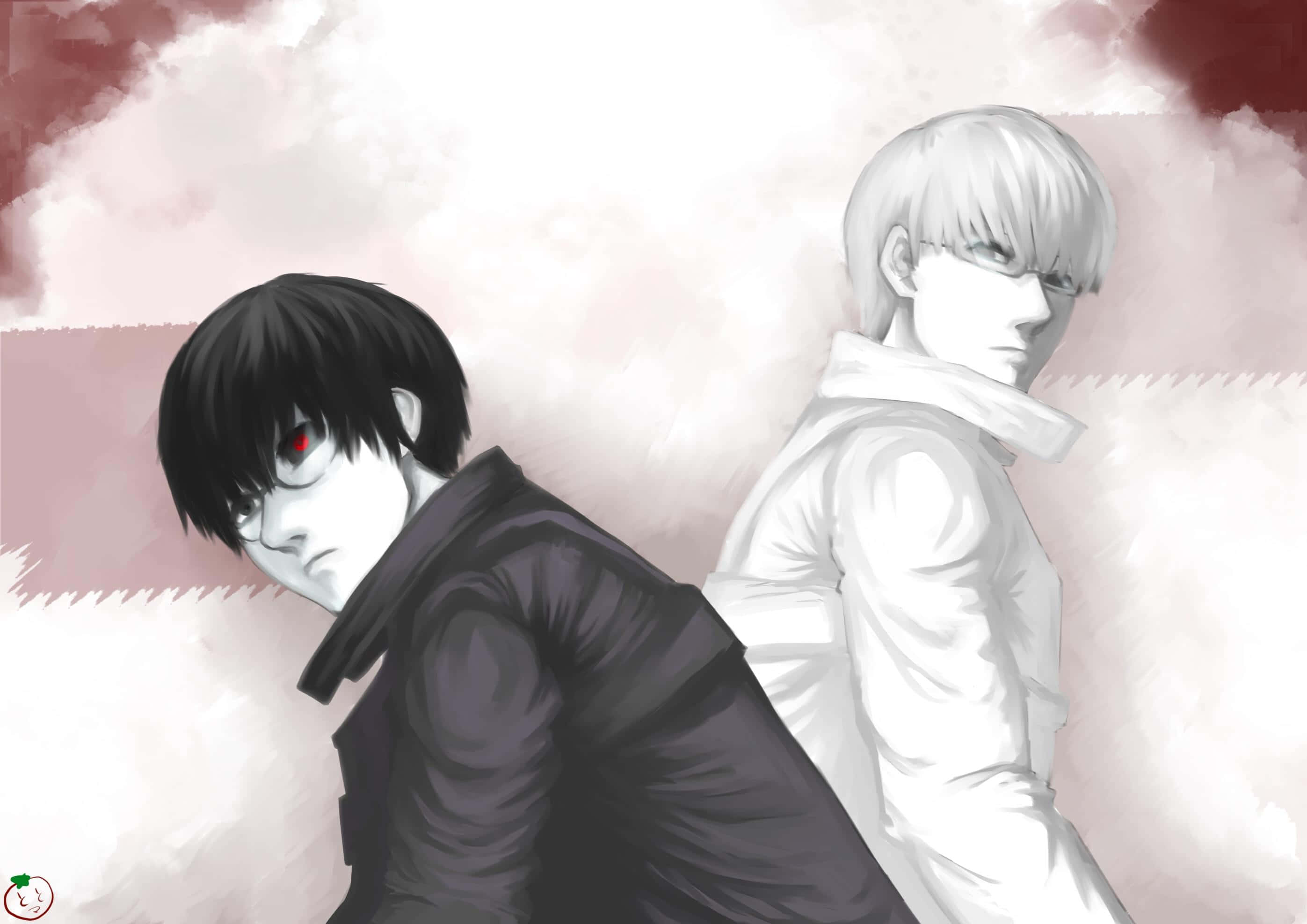 Kishou Arima 桌布 壁紙 — 兩個動漫角色背對背站立，一個有紅眼睛和深色外套，另一個穿白色襯衫，背景是柔和的粉紅色和紅色雲層。