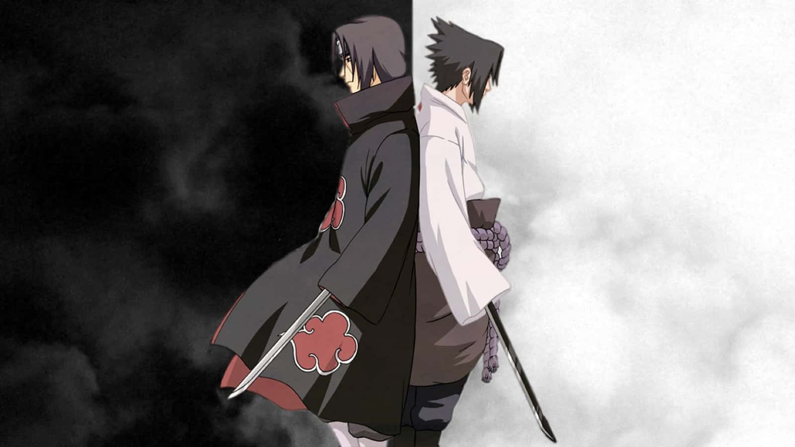 Akatsuki Sasuke 桌布 壁紙 — 兩個動漫角色背對背站立，背景是對比強烈的黑白暴風雨天空，每人手持一把劍。