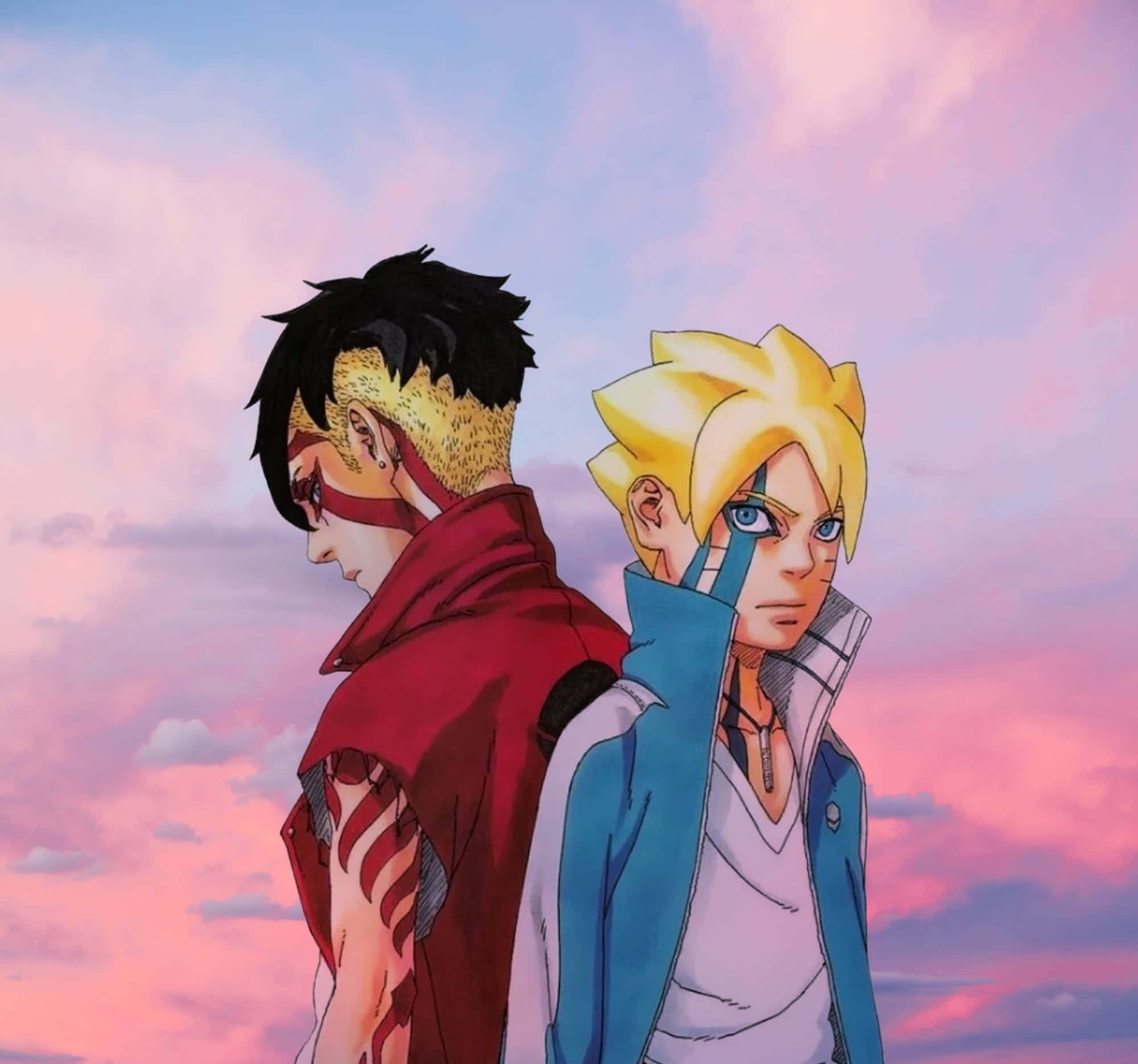 Boruto Vs Kawaki 桌布 壁紙 — 兩個動漫角色背對背站立，背景是柔和的粉紅與紫色日落天空。