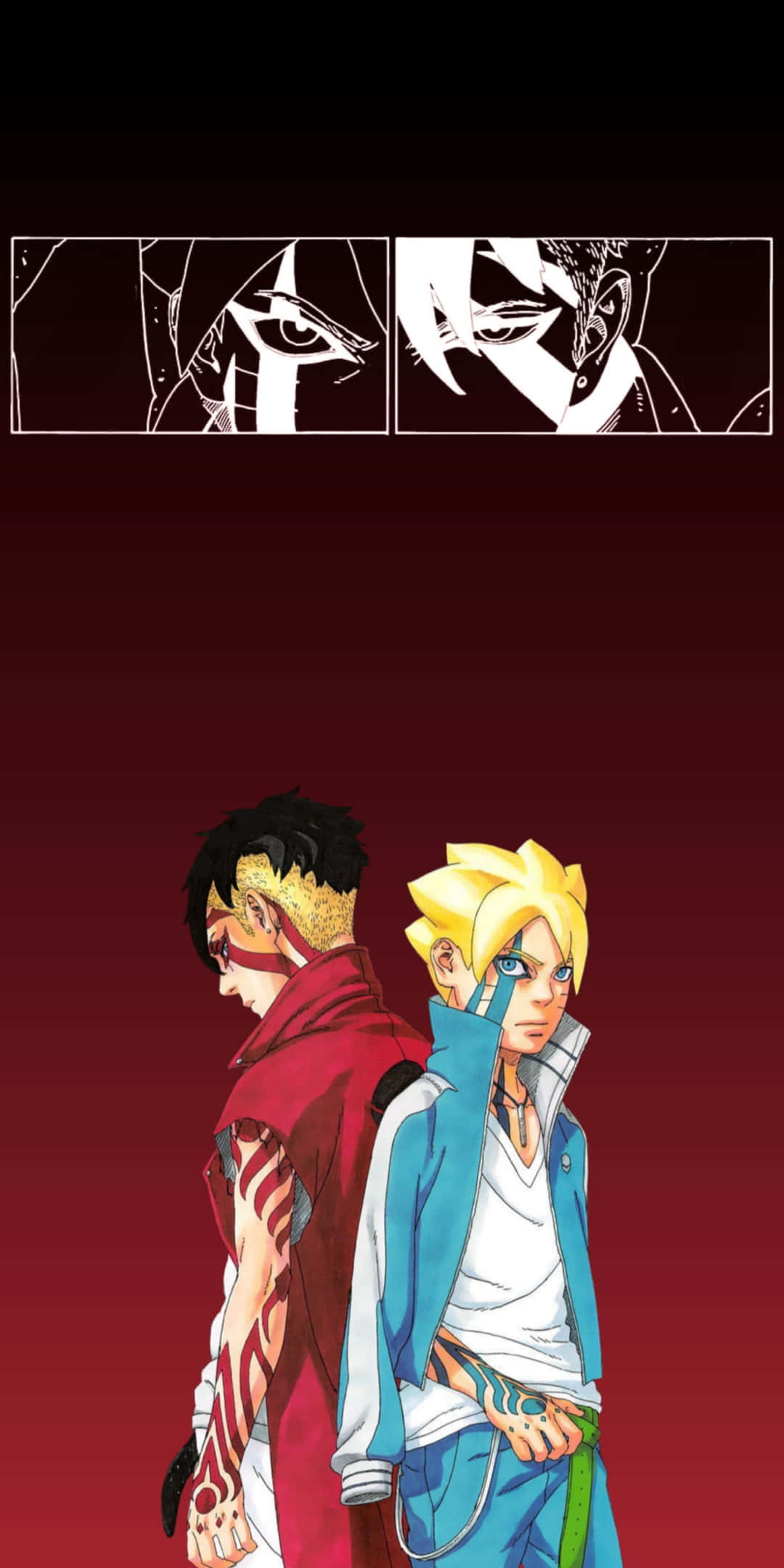Boruto Vs Kawaki 桌布 壁紙 — 兩個動漫角色背對背站立，背景是深紅色漸變，上方有黑白漫畫格展示強烈的眼睛。