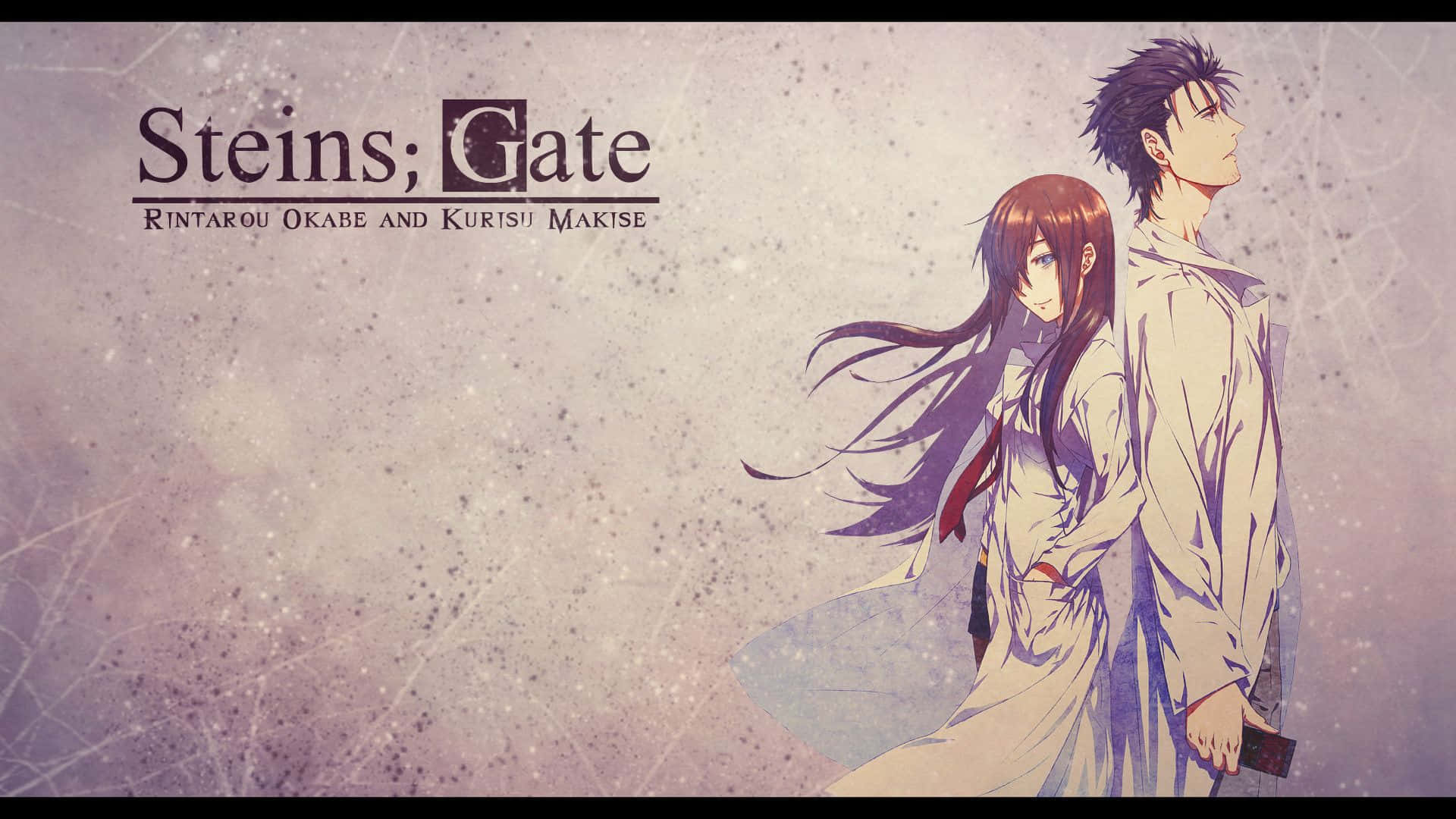 Steins Gate 桌布 壁紙 — 兩個動漫角色背對背站立，背景為帶紋理的紫色背景，標題為 Steins;Gate。
