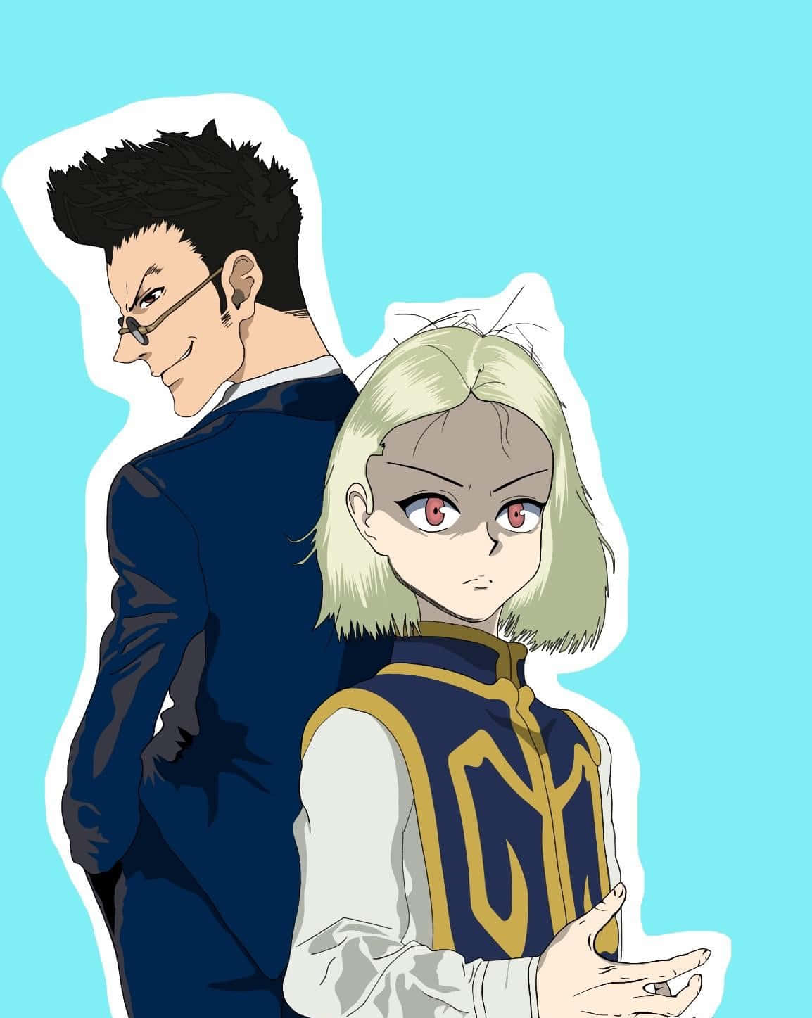 Leorio Paradinight 桌布 壁紙 — 兩個動漫角色背對背站立，背景為純淺藍色，一個穿著深色西裝露出得意的笑容，另一個則有紅色眼睛和嚴肅的表情。
