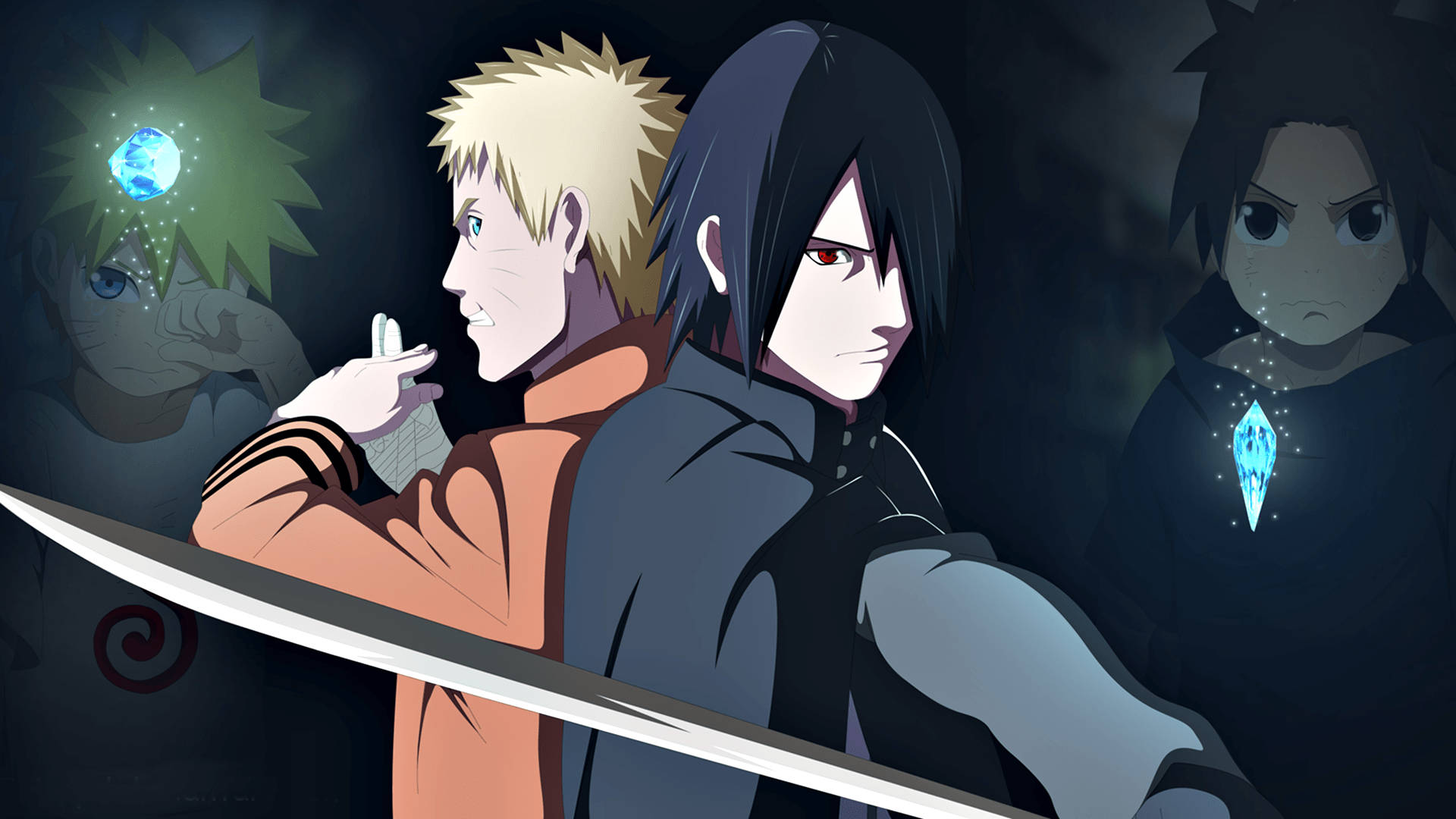 naruto sasuke 桌布 壁紙 — 兩個動漫角色背對背站立，身後有發光的查克拉符號，場景昏暗。