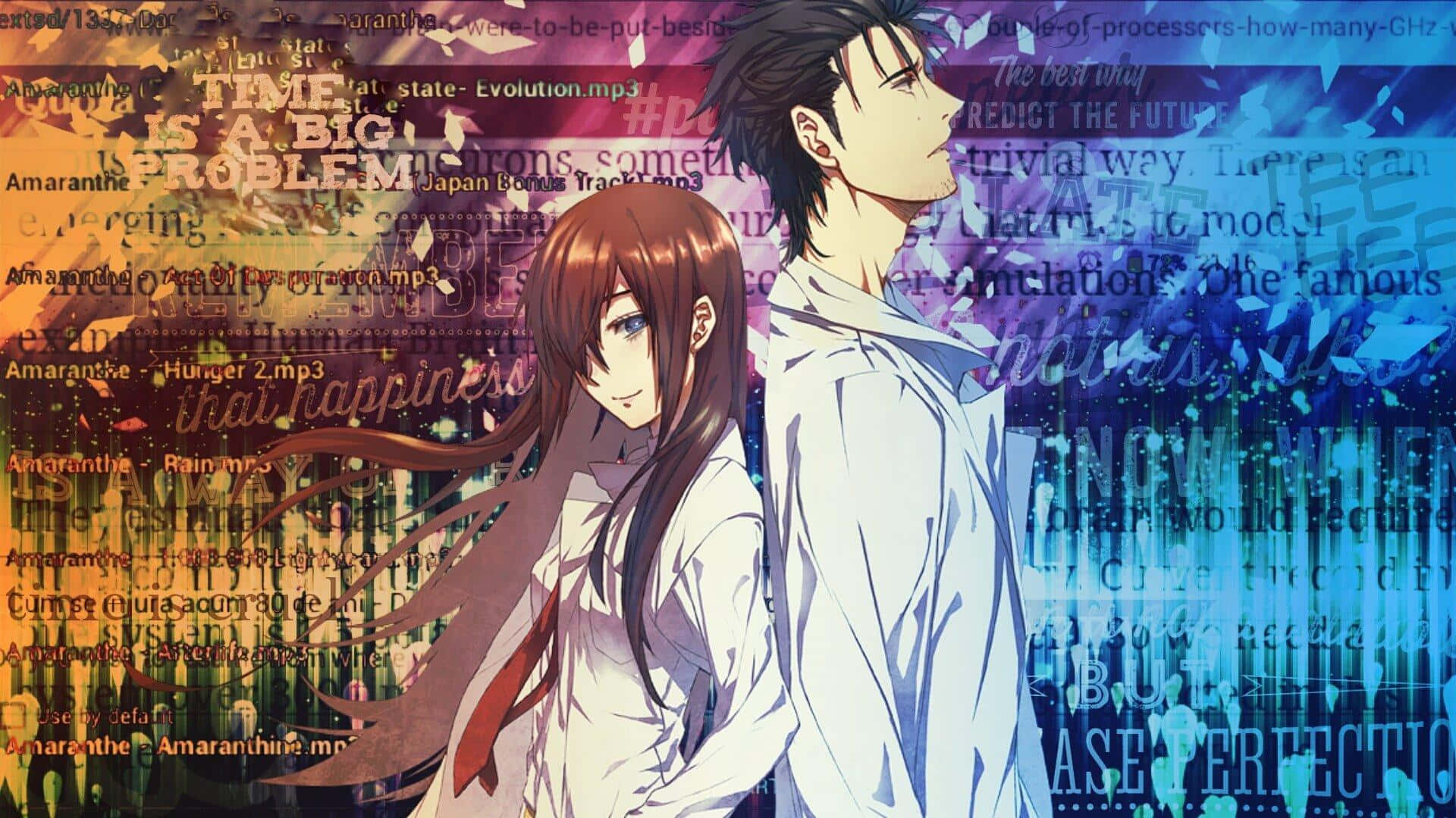 Rintaro Okabe 桌布 壁紙 — 兩個動漫角色背靠背站立，背景是充滿文字和發光色彩的數碼拼貼畫。