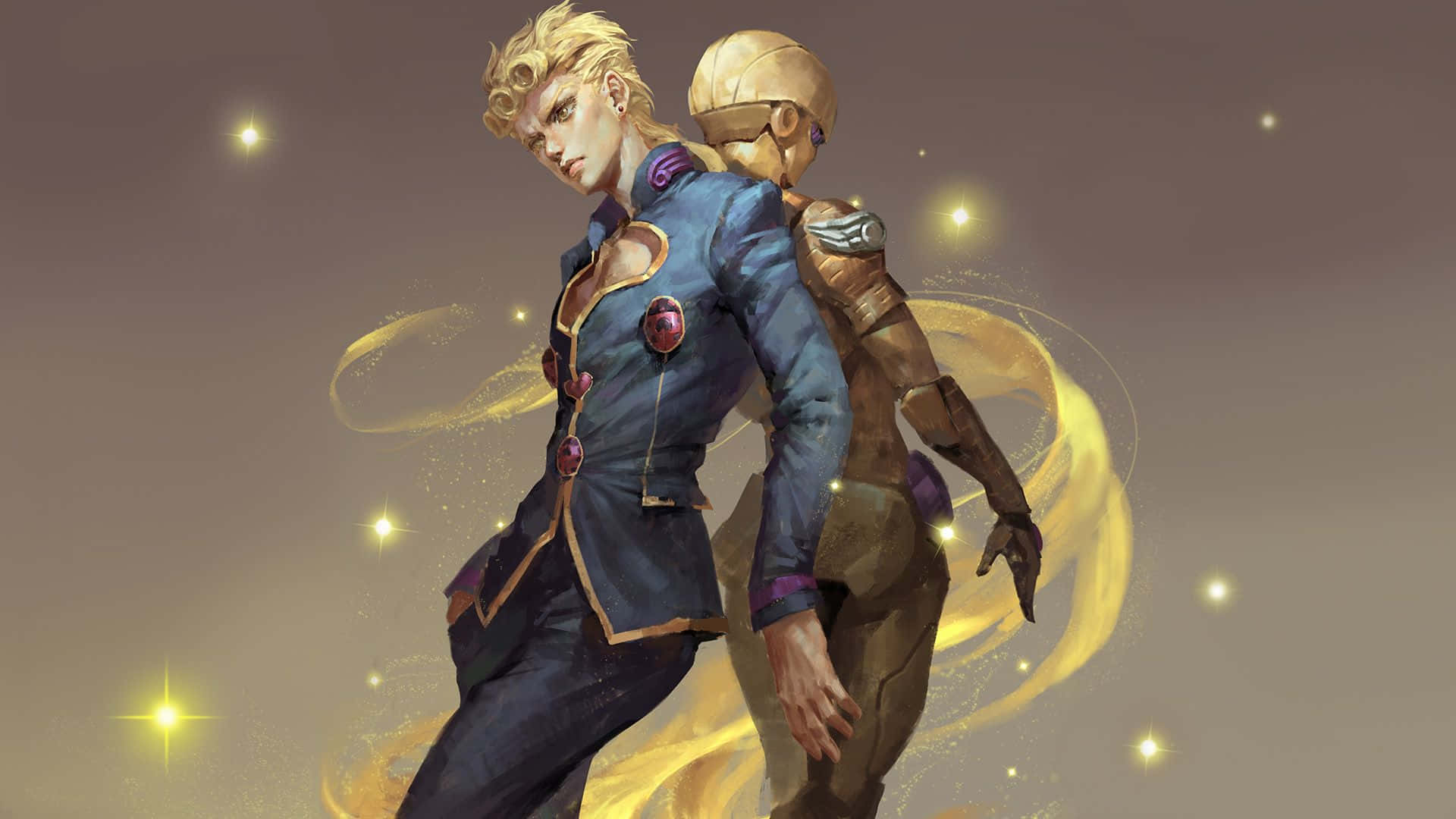 Gold Experience Jojo 桌布 壁紙 — 兩個動漫角色背靠背站立，背景是星空，金色能量在他們周圍旋轉。
