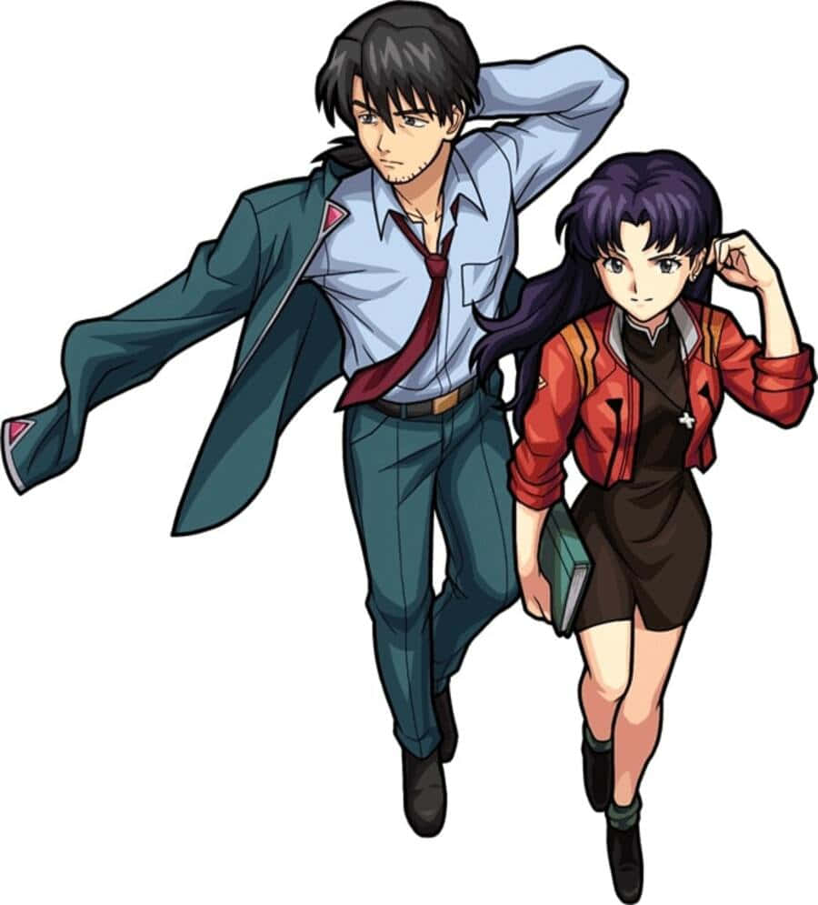 Ryoji Kaji 桌布 壁紙 — 兩個動漫角色自信地向前邁步，一個身穿藍綠色外套和紅色領帶，另一個身穿紅色外套並拿著一本書。