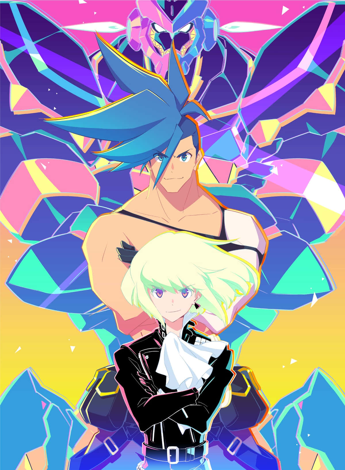Promare 桌布 壁紙 — 兩個動漫角色自信地站在粉紅、藍色和黃色的鮮豔水晶爆炸之中。