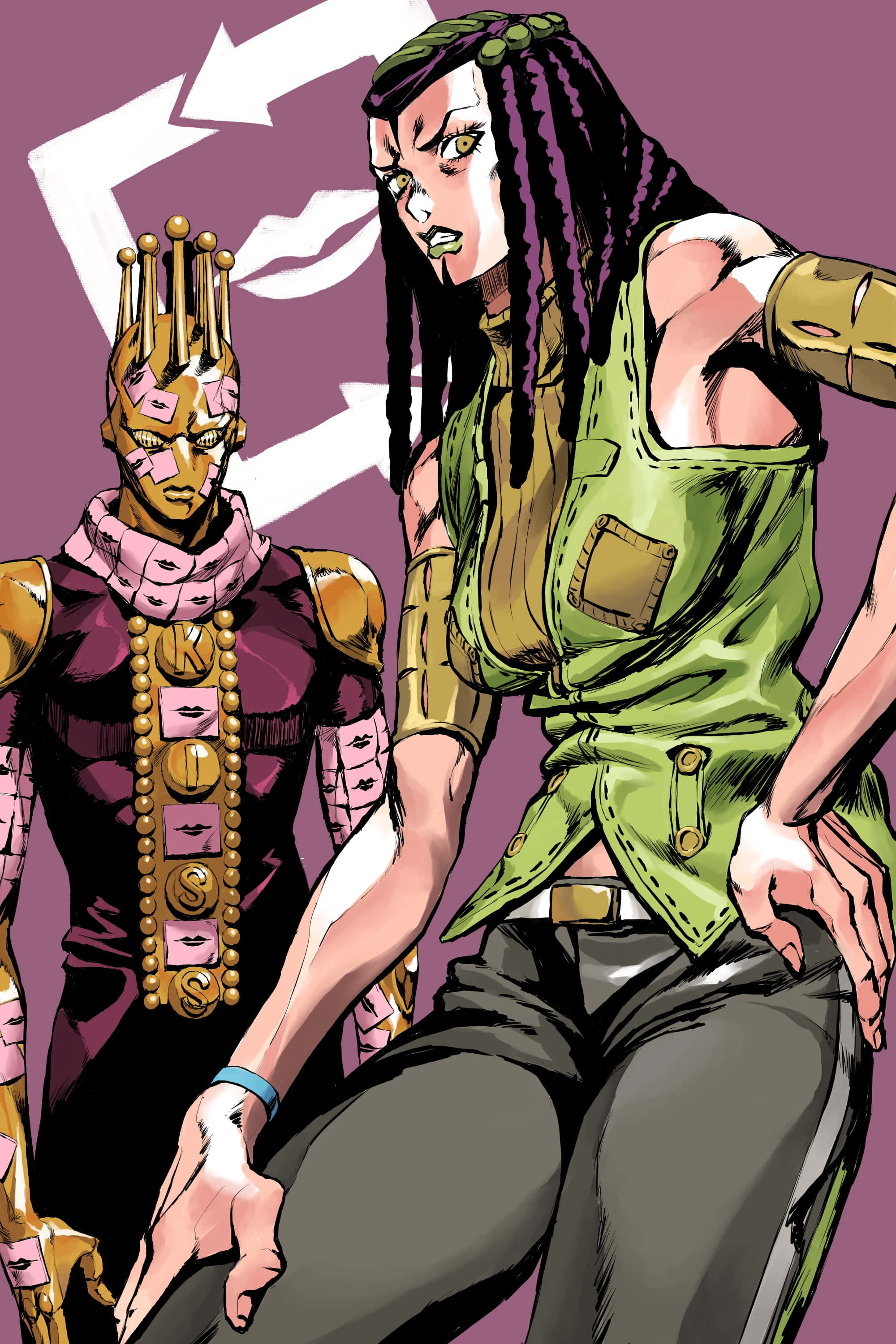 Ermes Costello 桌布 壁紙 — 兩個動漫角色自信地站立，一個戴著金色皇冠和粉紅色珠子，另一個穿著綠色背心，背景是紫色。