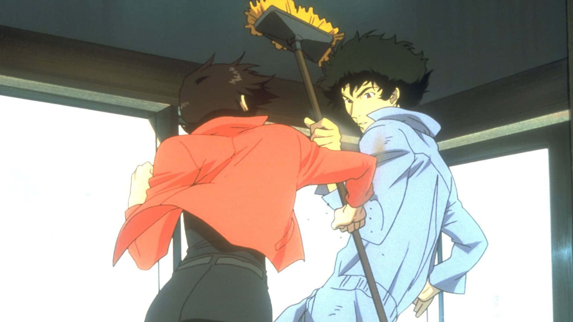 Cowboy Bebop Electra 桌布 壁紙 — 兩個動漫角色處於緊張對峙中，其中一個揮舞著帶有火焰頭的掃帚，而另一個則與他們兩人對抗。