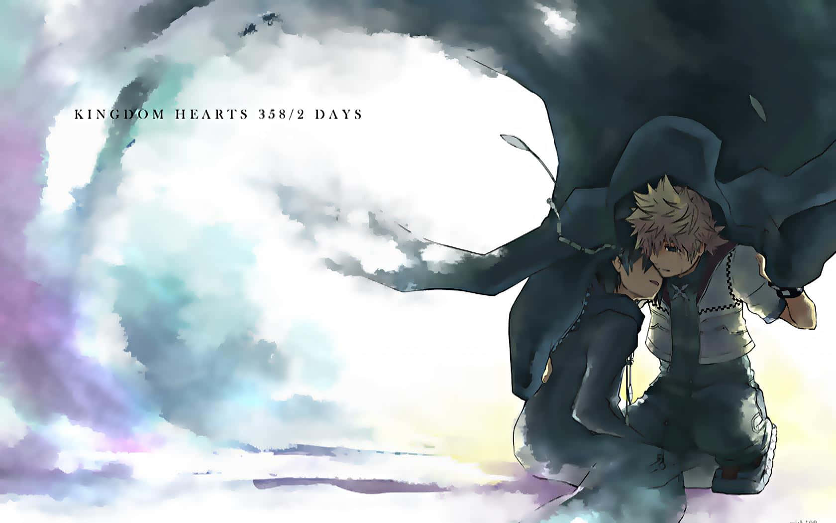 Kingdom Hearts Riku 桌布 壁紙 — 兩個動漫角色蜷縮在巨大的黑色翅膀下，背景是旋轉的彩色天空。
