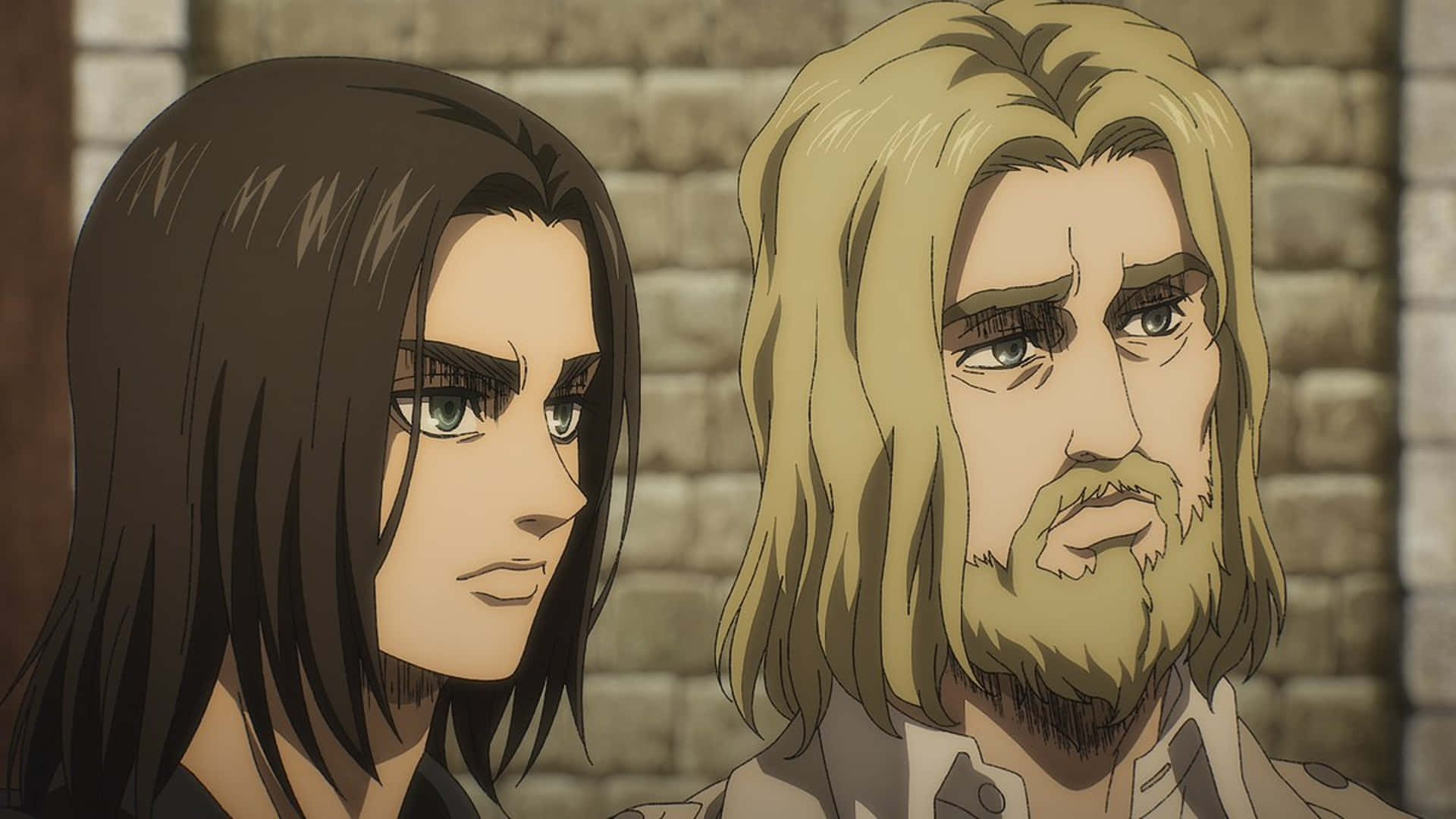 Attack On Titan Season 3 桌布 壁紙 — 兩個動漫角色表情強烈，緊貼石牆背景站立。