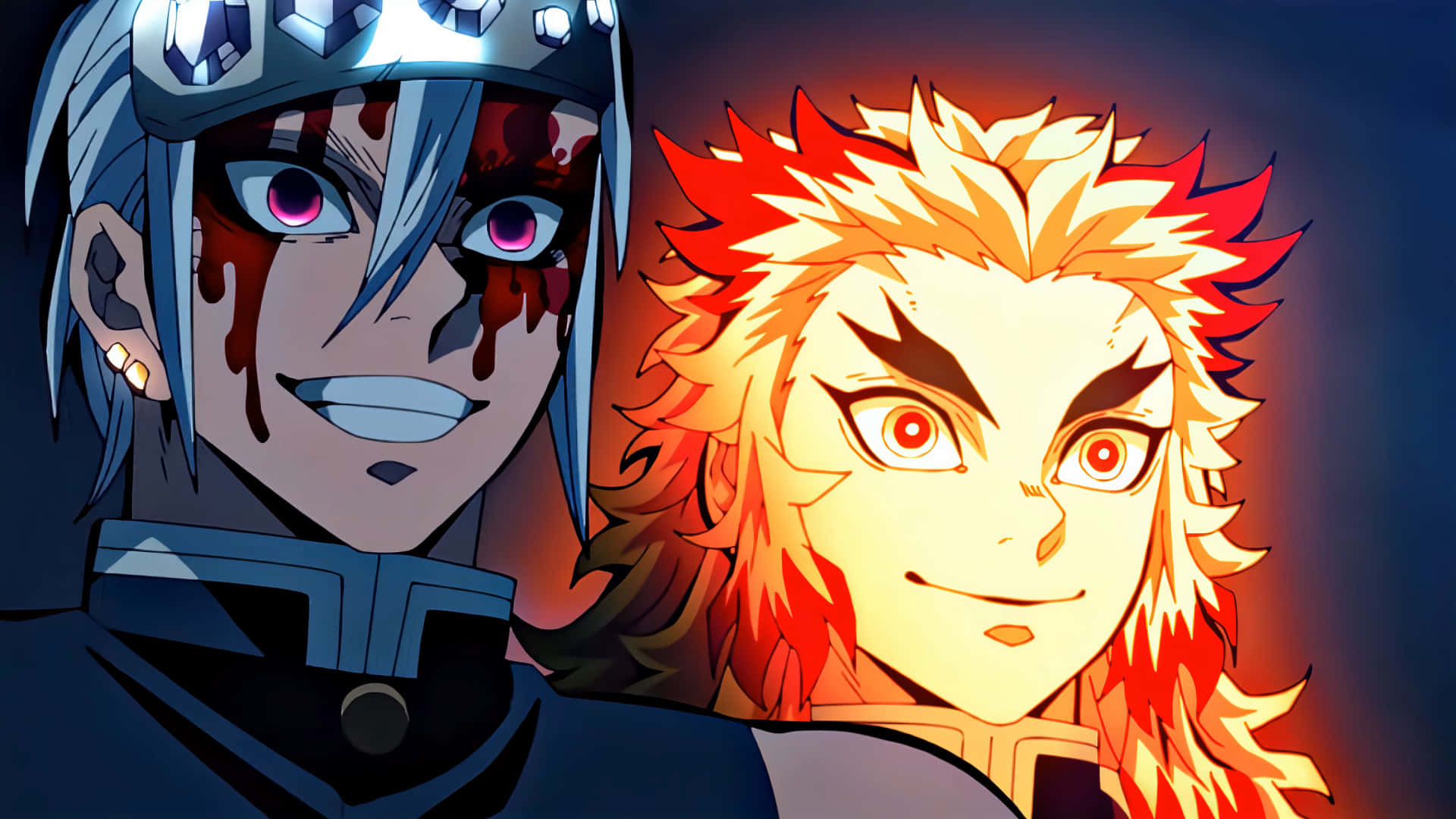 Rengoku And Tengen 桌布 壁紙 — 兩個動漫角色表情激烈，一個有藍色頭髮和血痕，另一個有火橙色頭髮在黑暗背景中發光。