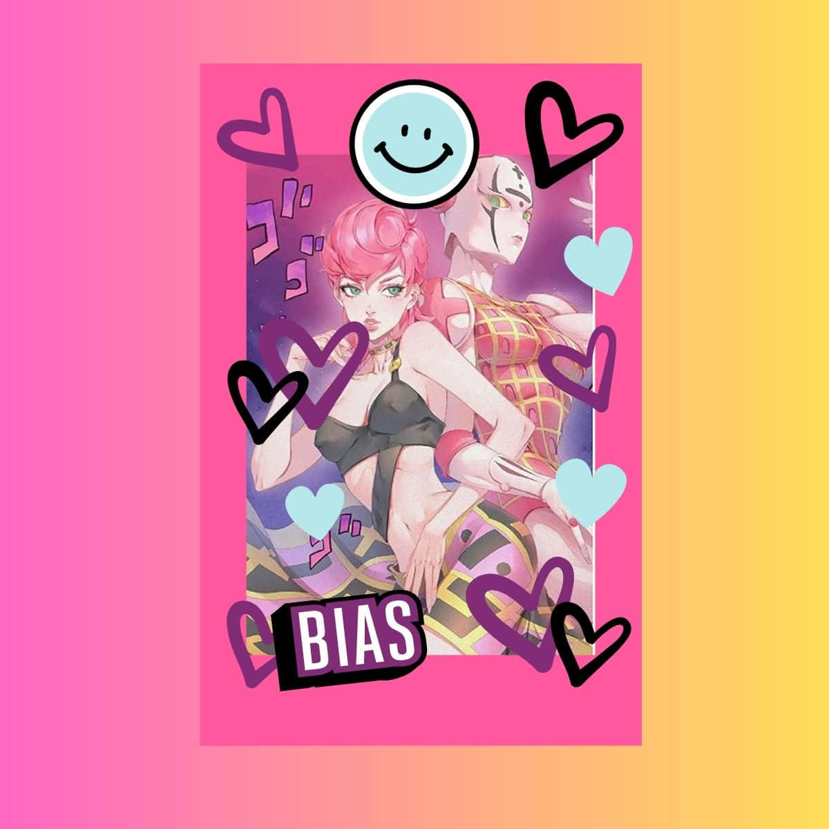 Trish Una 桌布 壁紙 — 兩個動漫角色被心形和笑臉框在充滿活力的粉紅和黃色漸變背景上。
