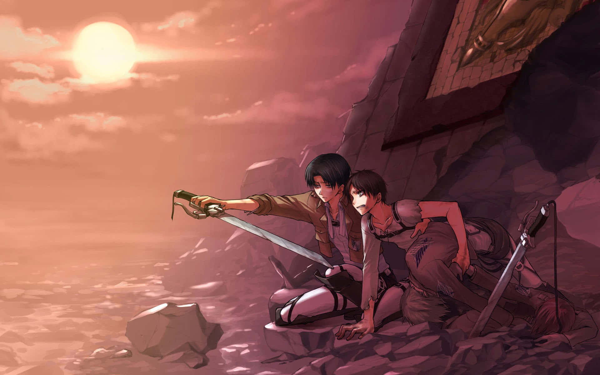 Attack On Titan Video Game 桌布 壁紙 — 兩個動漫角色跪在岩石地形上，背景是帶有戲劇性雲彩的發光橙色太陽。