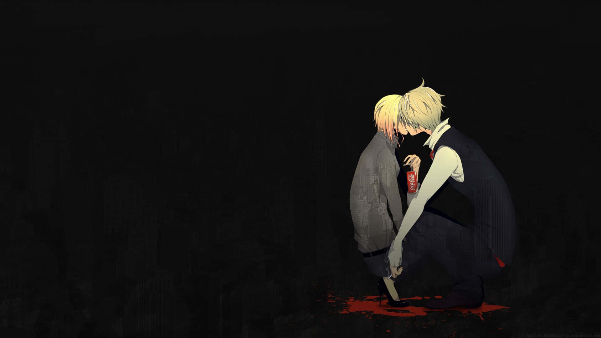 durarara 桌布 壁紙 — 兩個動漫角色跪在黑暗中，其中一人拿著一把滴血的刀，血滴落在地板上。