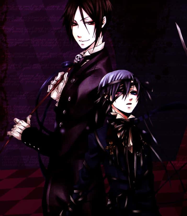 sebastian michaelis 桌布 壁紙 — 兩個動漫角色身穿深色正裝，站在紫色格子地板上，背景有手寫文字。